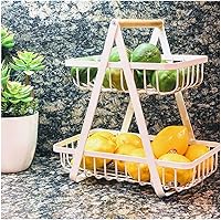 Vista 3 de Farmhouse - Cesta de almacenamiento de frutas de metal de 2 niveles Soporte de exhibición para decoración del hogar (blanco)