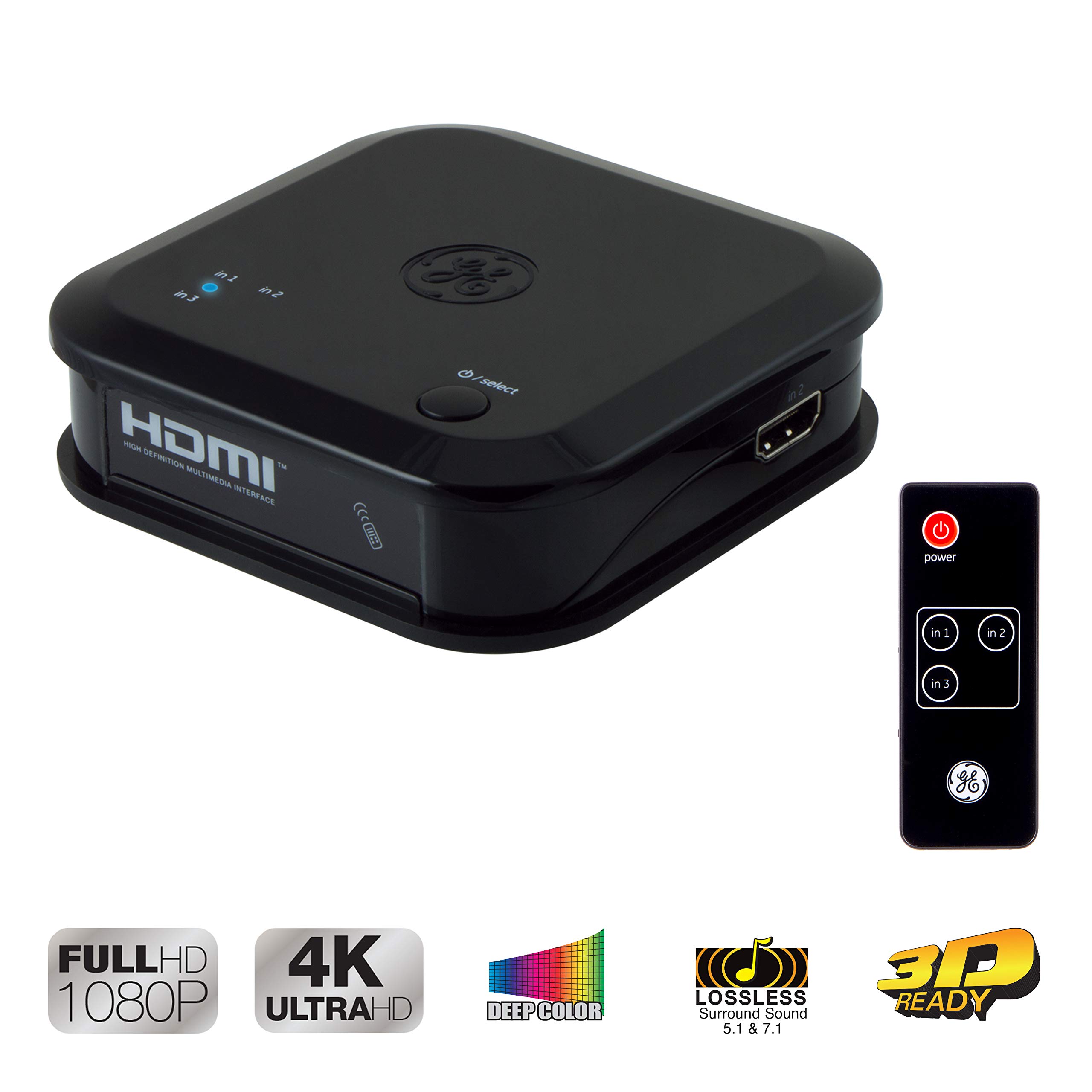 GE Switch HDMI con telecomando, confezione da 8 pezzi, 3 ingressi 1 uscita, HDMI 2.0 4K @ 60Hz 1080P HDCP2.2 compatibile, per Roku, Fire Stick, lettori DVD Blu-ray, Cable Box, PlayStation, Xbox,