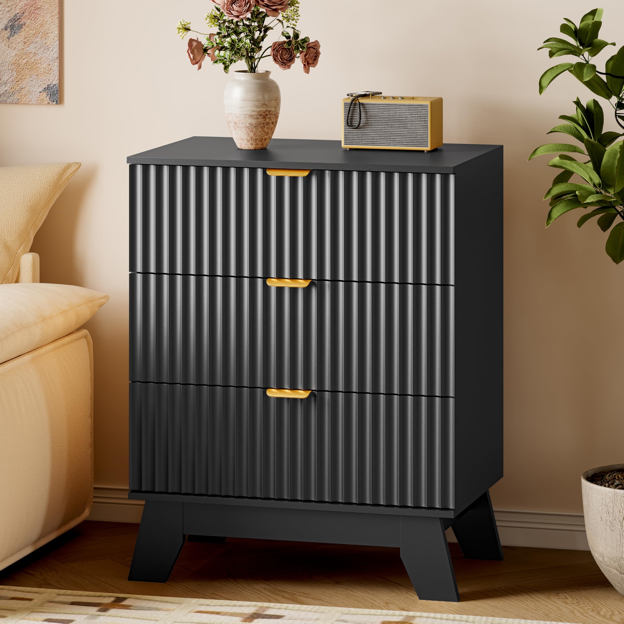 BORNOON Fluted 3 Drawer Dresser, 30.3" Tall Compact Modern Boho Chest of Drawers, Wooden Storage Cabinet for Bedroom, Living Room, Entryway, Curved Profile Design