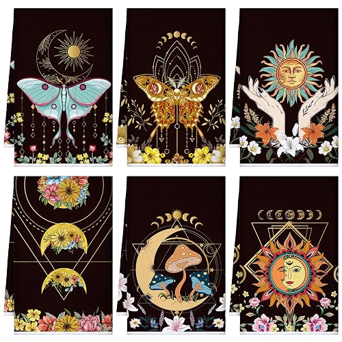 Boyiee Set of 6 Witchy Kitchen Towels Boho Tea Towels Absorbent Mushroom Floral Dish Towels 24 x 16'' Gothic Dish Towels Sun Moon Star Butterfly Hand Towels Gifts for Farmhouse Kitchen Bathroom - Moon