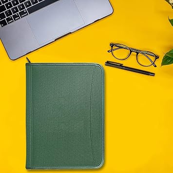 Zippered Portfolio Organizer/ A4 Refillable Lined Writing Notepad Folder Case/Fabric-Covered Padfolio Binder with Interior Storage Pocket for Men Women.Green