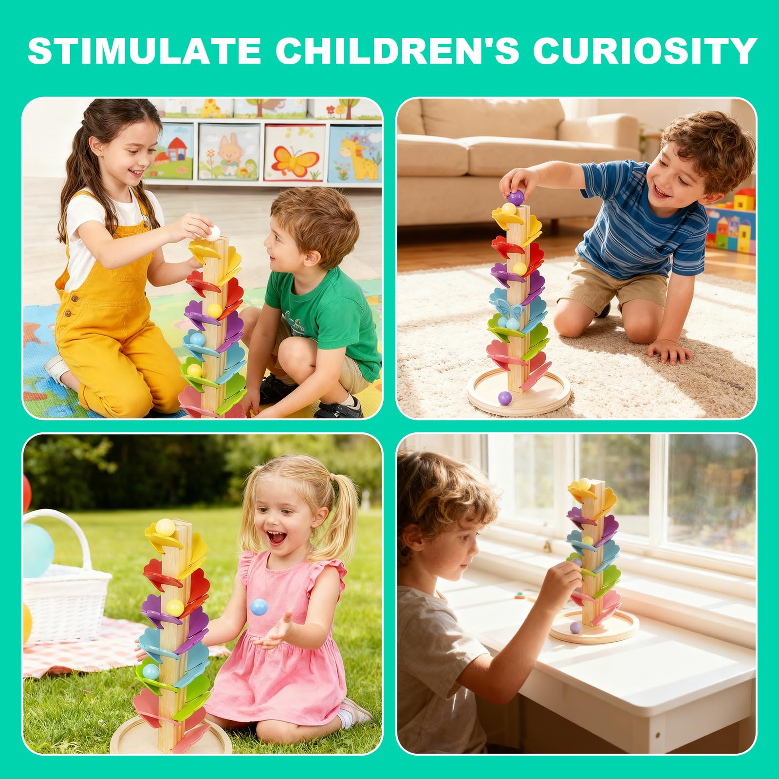 Music Tree Wooden Marble Run, Montessori Sound Tree with1 Base 4 Balls 6 Colors Ball Drop Toy, Wooden Rolling Ball Drop Toy - Image 4