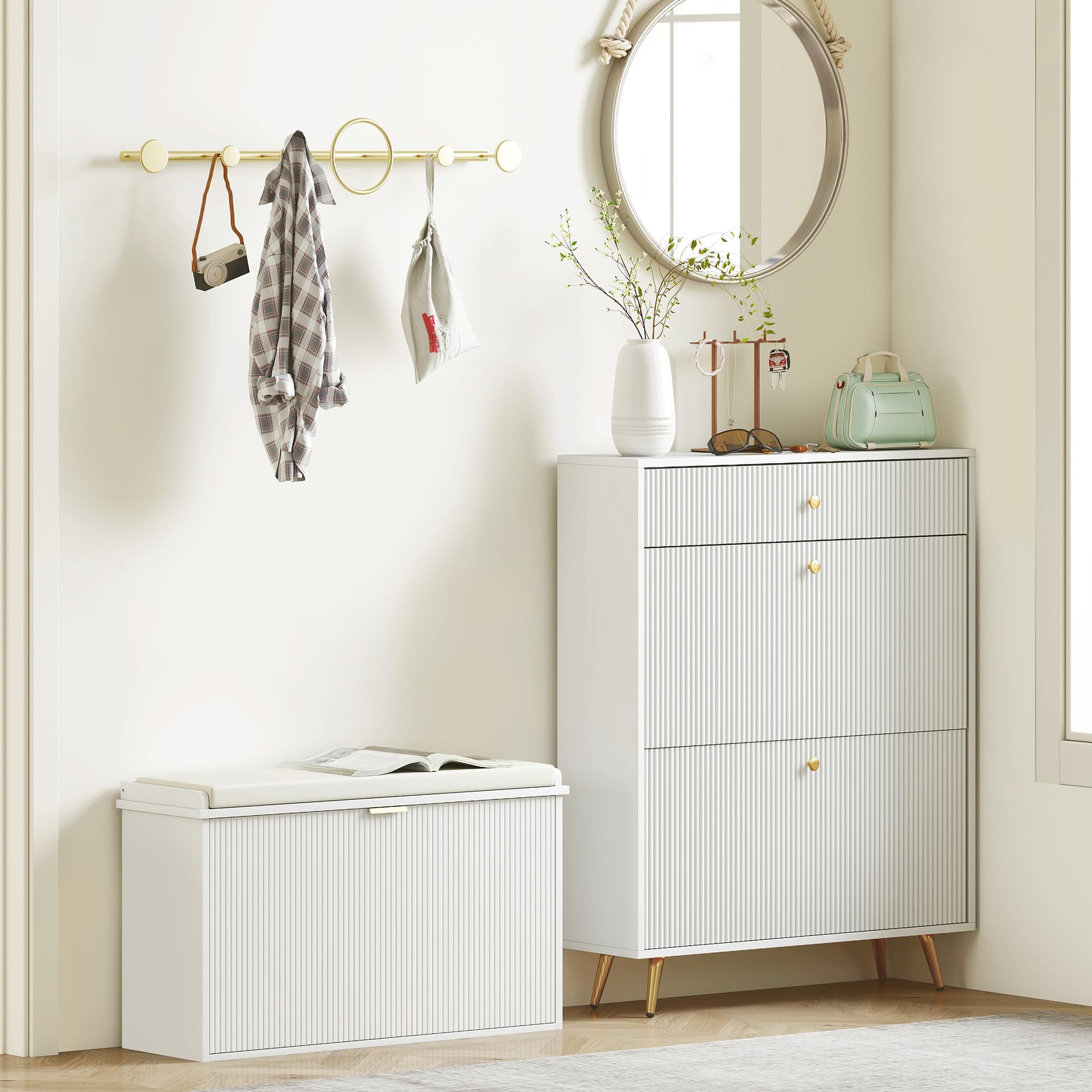 HOMCOM Panca Scarpiera Ripiano Regolabile, 80x26x47.5 cm, Bianco e Beige | Ripiano Interno Rimovibile, Mobile Scarpiera, Legno Effetto Lino e Tessuto