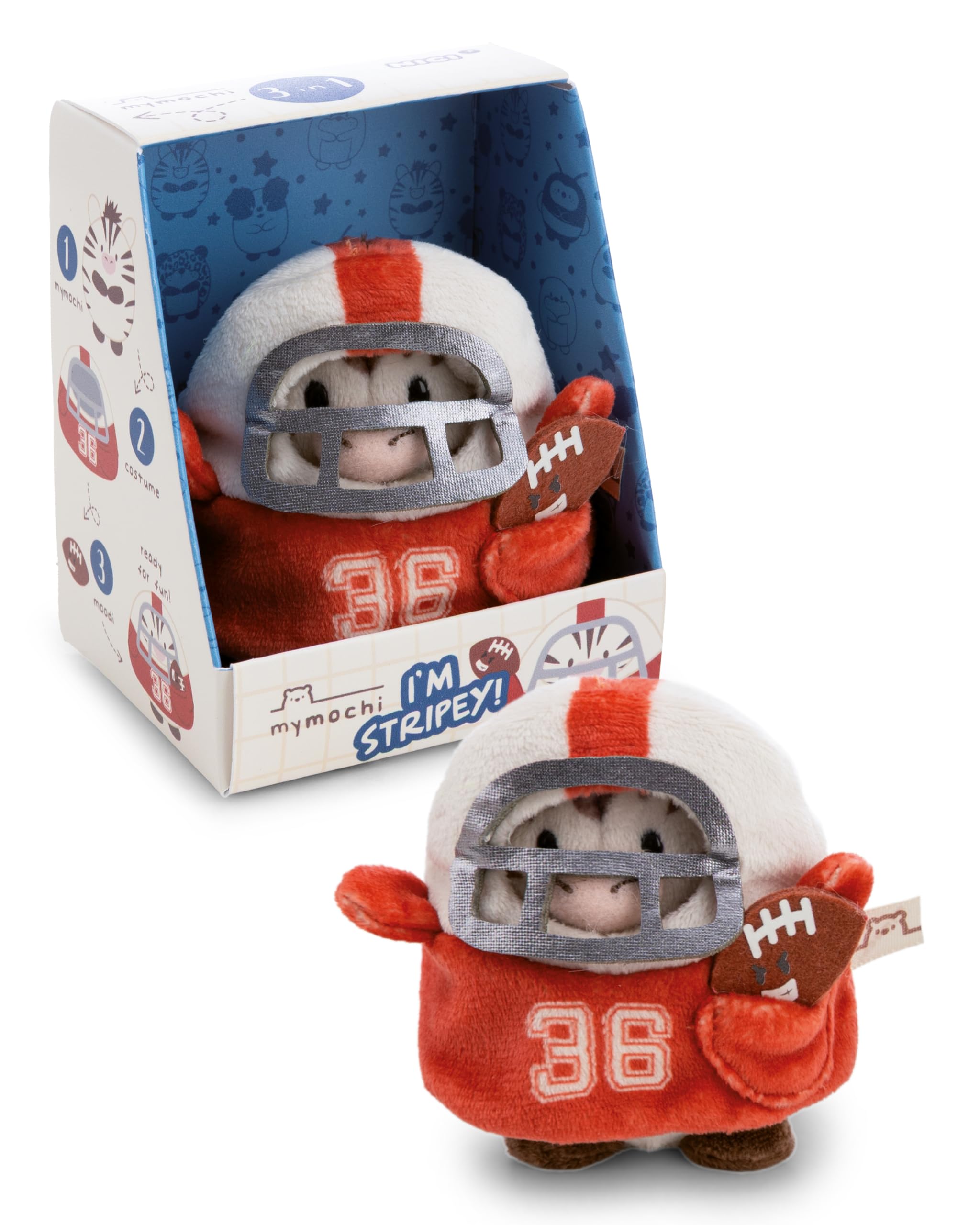 NICI Set Kuscheltier Zebra Stripey 8cm mit Football & Footballkostüm in Geschenkbox 8,5x6,5x10cm - braun - mymochi Stofftier im Kawaii-Design, weich und kuschelig für Kinder & Erwachsene - 62907