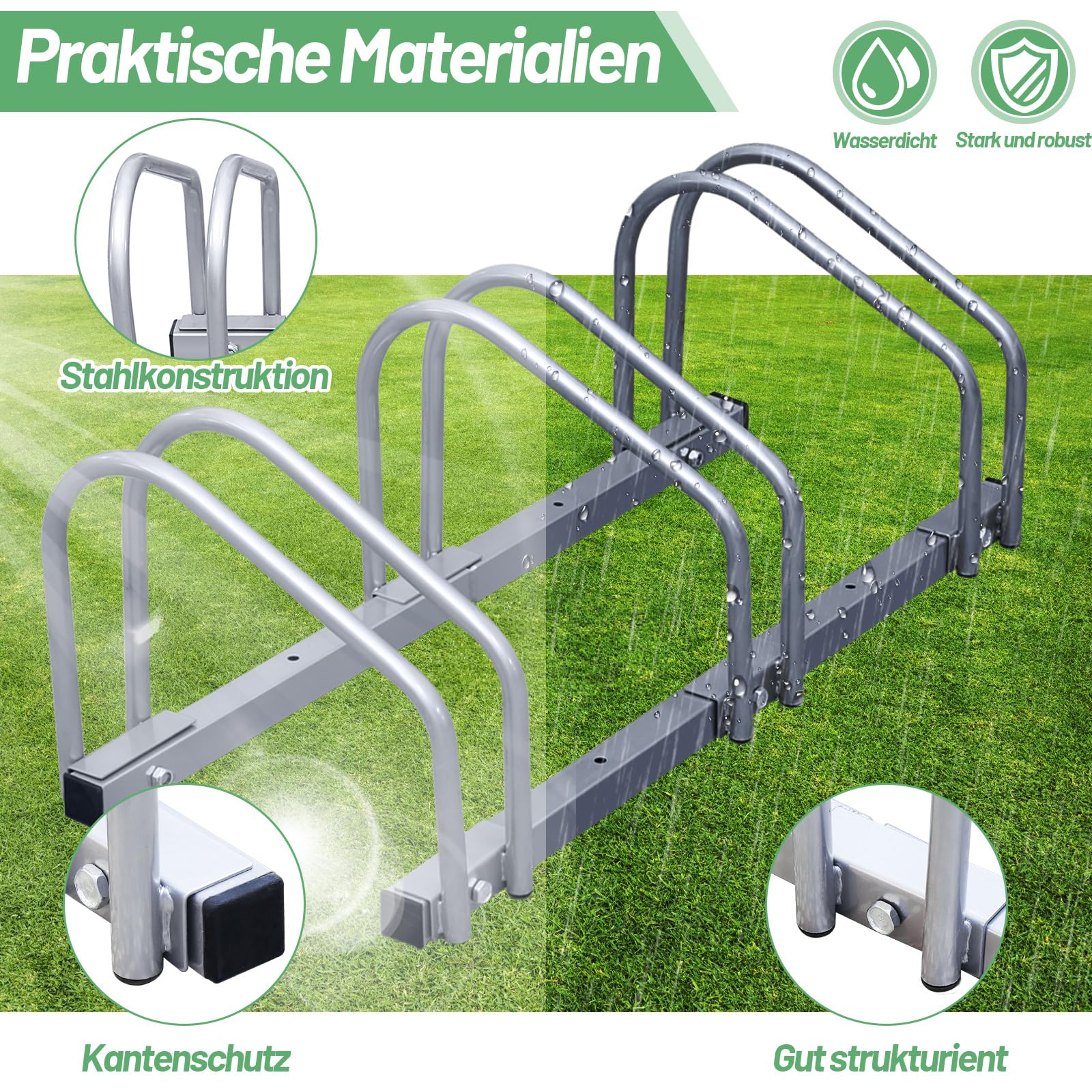 Soporte de suelo para 4 bicicletas, soporte para ruedas de acero galvanizado, ancho de neumático de 35 a 55 mm, distancia de aparcamiento de 30 cm, soporte para bicicletas para garaje, sótano, patio