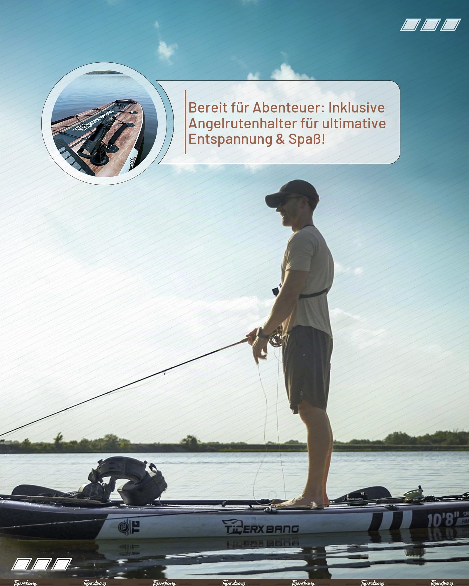 TIGERXBANG Aufblasbares SUP Board 330 cm, Extra Breit, mit Verbessertem Sitz, Zubehörhalterung & Angelrutenhalter, Perfekt für Freizeit & Angeln