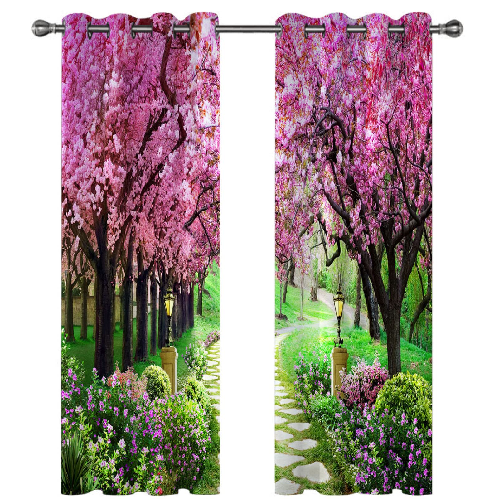 Lot De 2 Rideau Chambre Enfant Garcon Fille 3D Impression Paysage D'Arbres Roses Motif Rideaux Occultants Thermiques Isolants À Oeillets Décoration De Fenêtre pour Salon 264X240Cm（L X H）