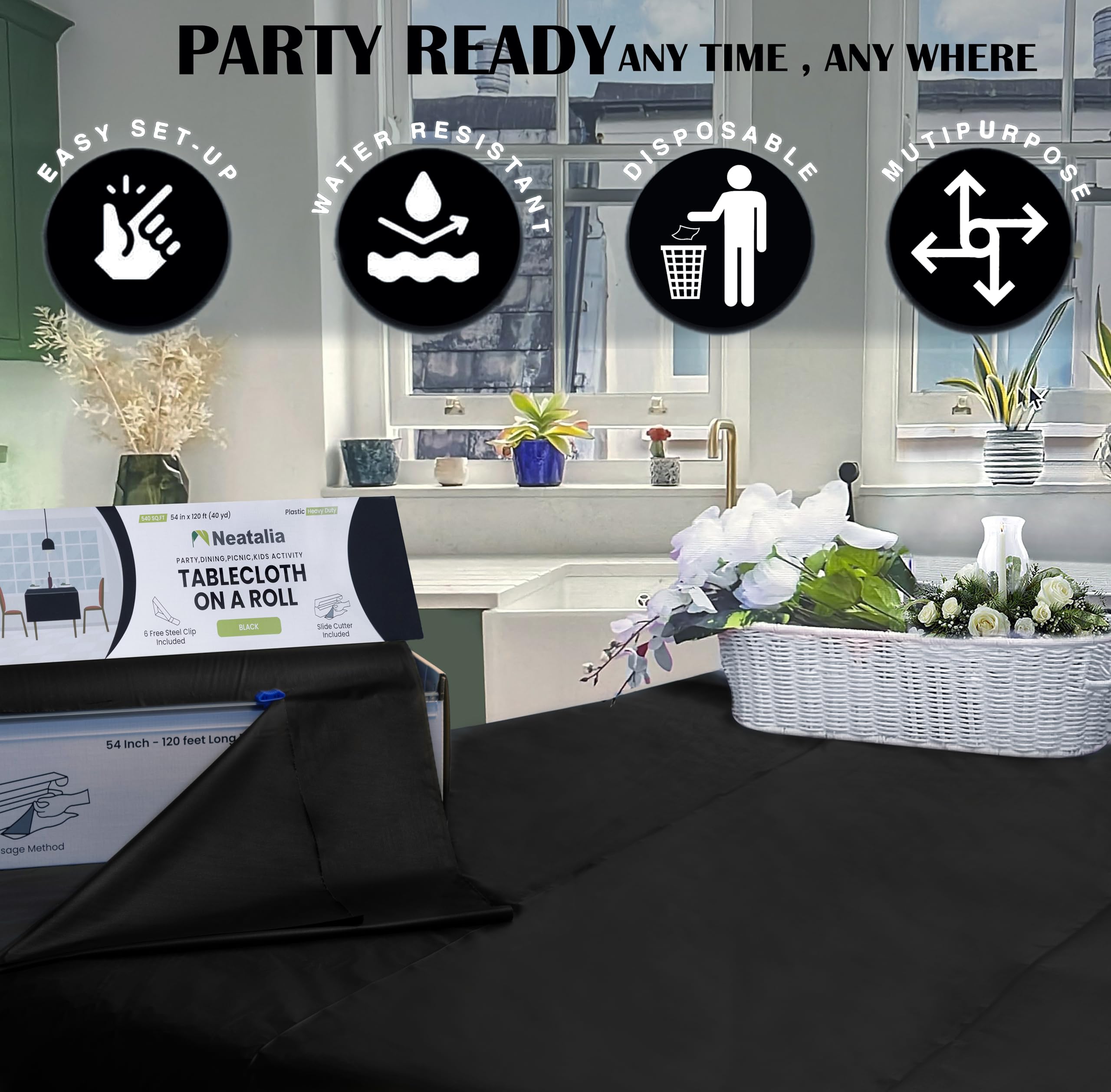 Party Solids 54 Inch X 100 Feet Black Plastic Table Cover Roll In A Cut - To - Size Box With Convenient Slide Cutter. Cuts Up To 12 Rectangle 8 Feet