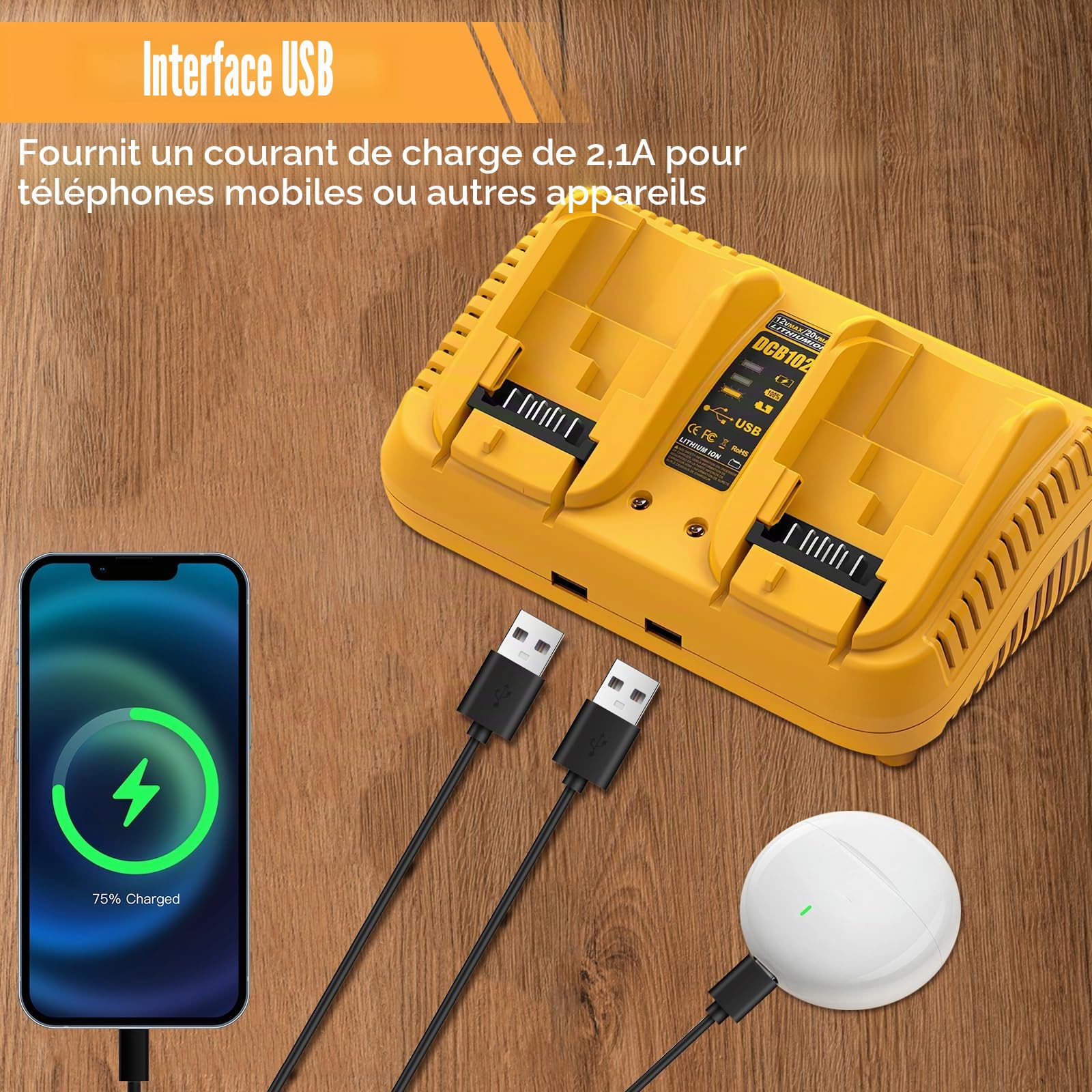 Chargeur de batterie double port pour batteries Dewalt 12 V/20 V, chargeur rapide compatible avec les batteries au lithium série DCB