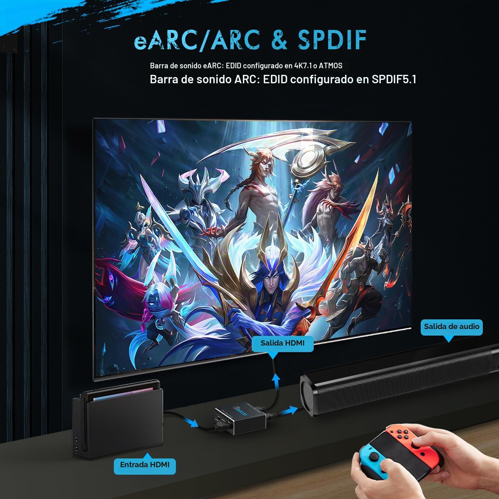 ROFAVEZCO Extracteur Audio HDMI 2.1 eARC 4K@120Hz Dolby Atmos/Vision VRR/ALLM CEC Bypass HDCP2.3 SPDIF Plug & Play pour Soundbars/Sonos ARC/eARC/PS5/Xbox