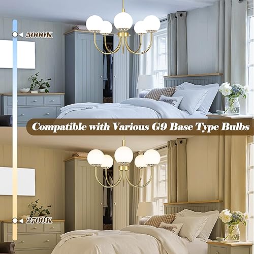 Miniatura 7 de Yolsunes Lámpara de araña dorada de 5 luces, lámpara Sputnik moderna con vidrio esmerilado, lámpara de techo semiempotrada vintage para comedor,