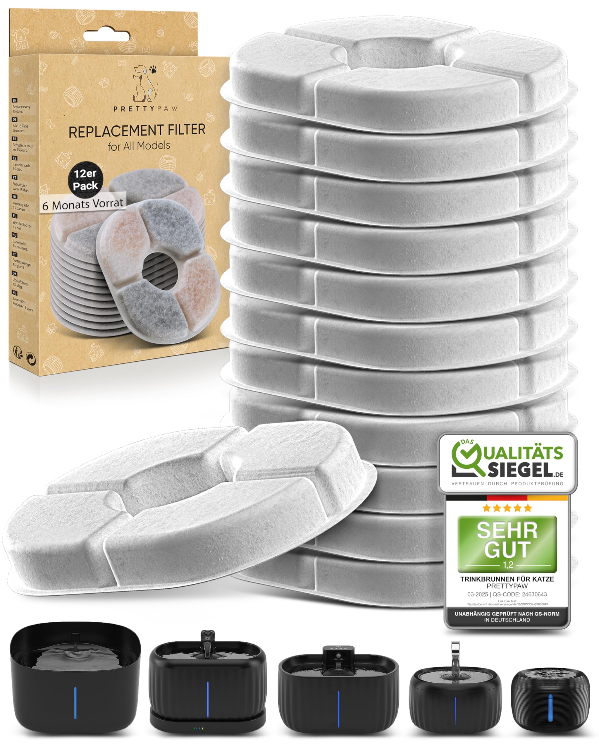 Pretty Paw Filter für Katzenbrunnen – Original Ersatzfilter für alle Pretty Paw Trinkbrunnen | 12er Pack = 6-Monats-Vorrat | Auch als günstiger Jahresvorrat erhältlich