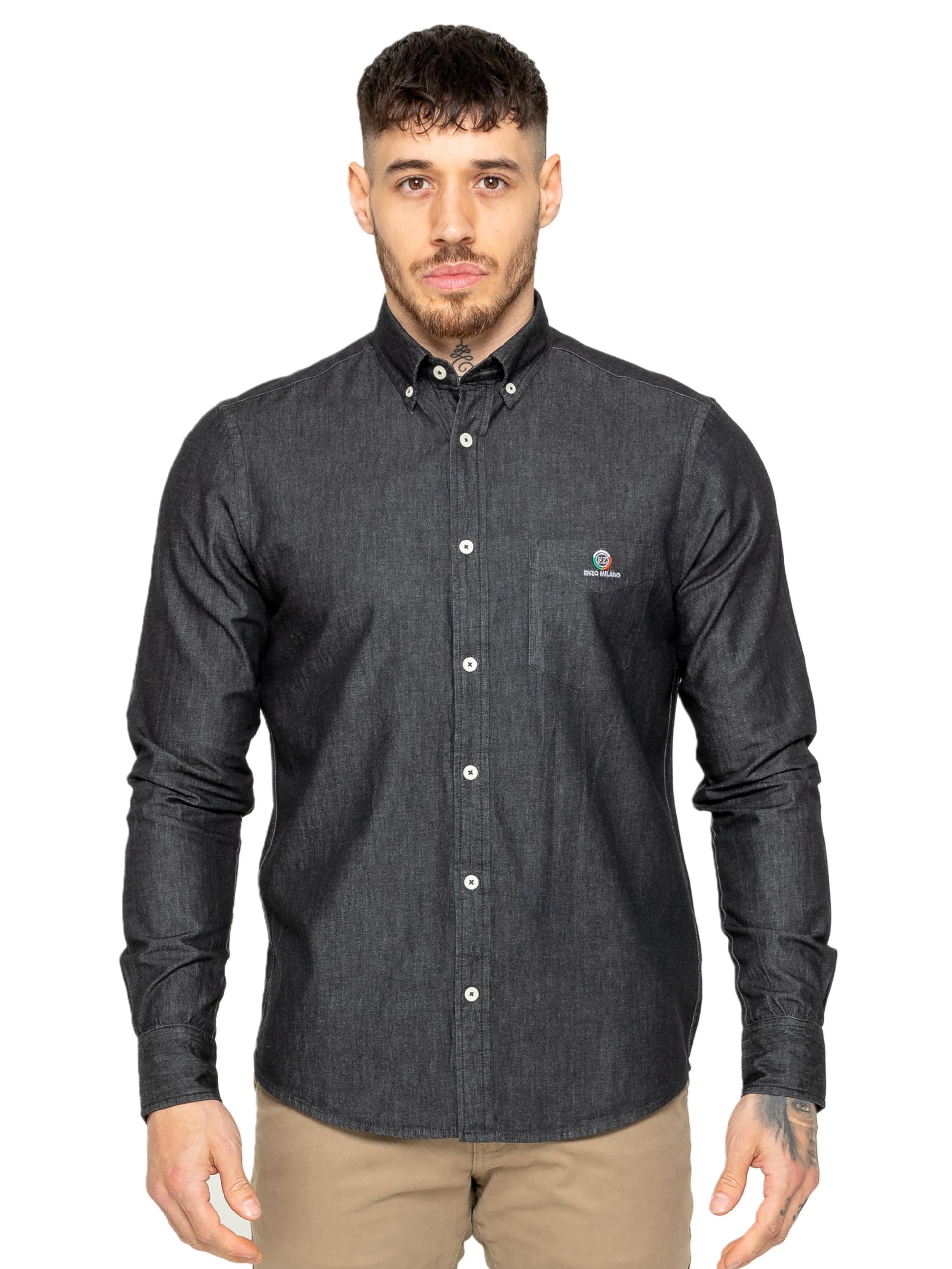 989Zé Enzo Men's Black Denim Shirt Long Sleeves Casual Denim Regular Fit Button Down Shirt With Pockets Msh5 Shirts Black Xl