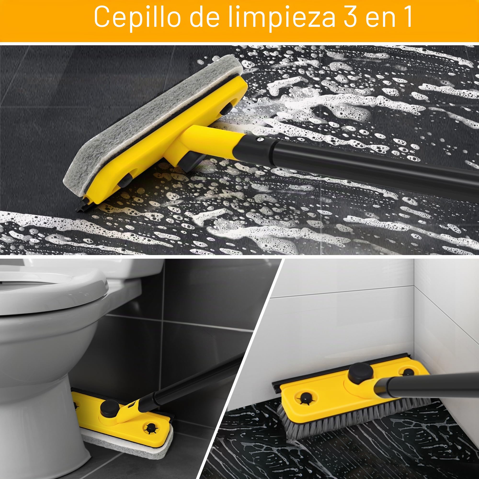 JEHONN Cepillo Limpieza Ducha con Mango Largo 136 cm, 3 en 1 Limpia Azulejos Pared Cocina, Baño, Bañera, Suelo, Zócalo (Amarillo)