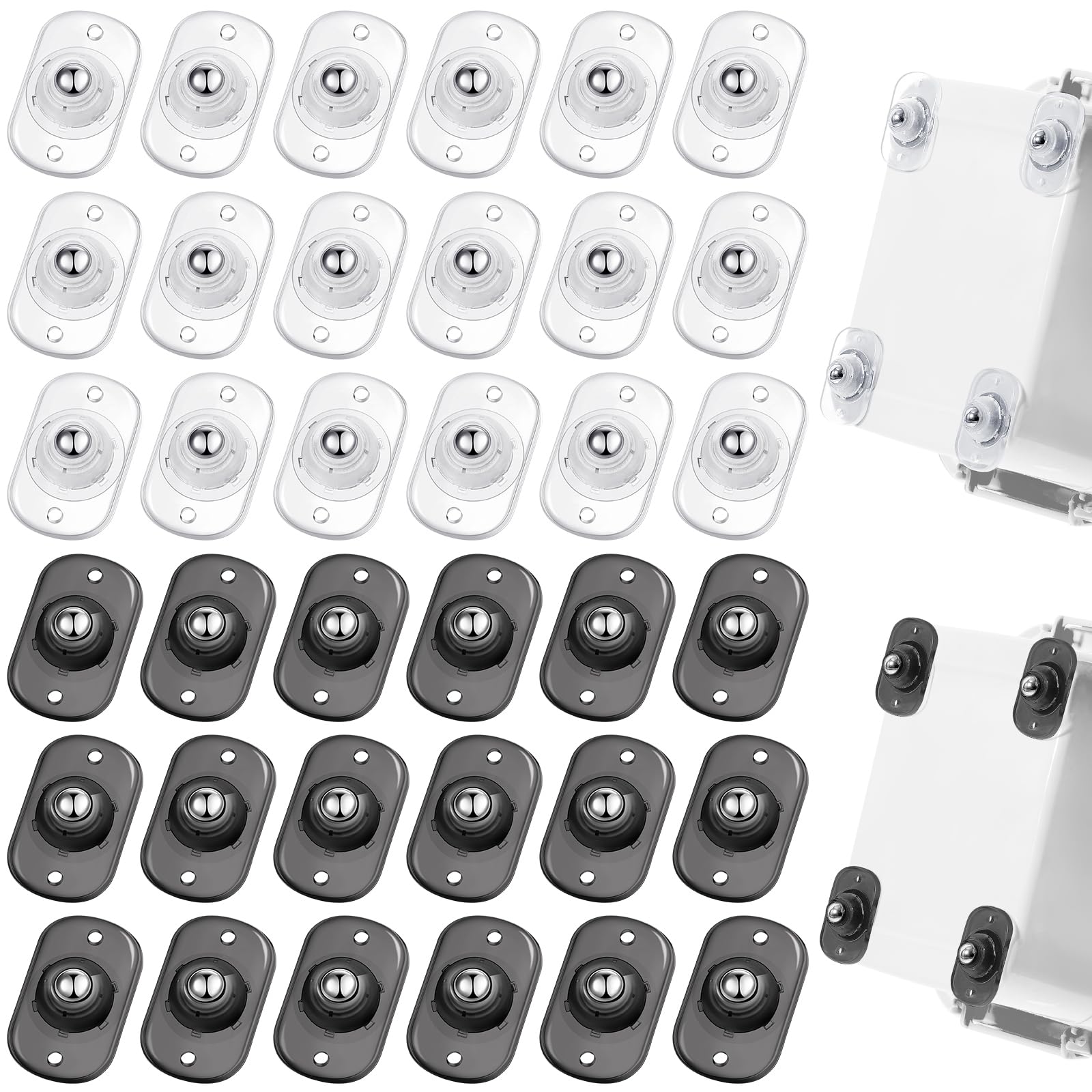 Honoson Lot de 36 roulettes autocollantes universelles pivotantes à 360° pour petite cuisine (noir transparent et blanc avec 1 boule en acier)
