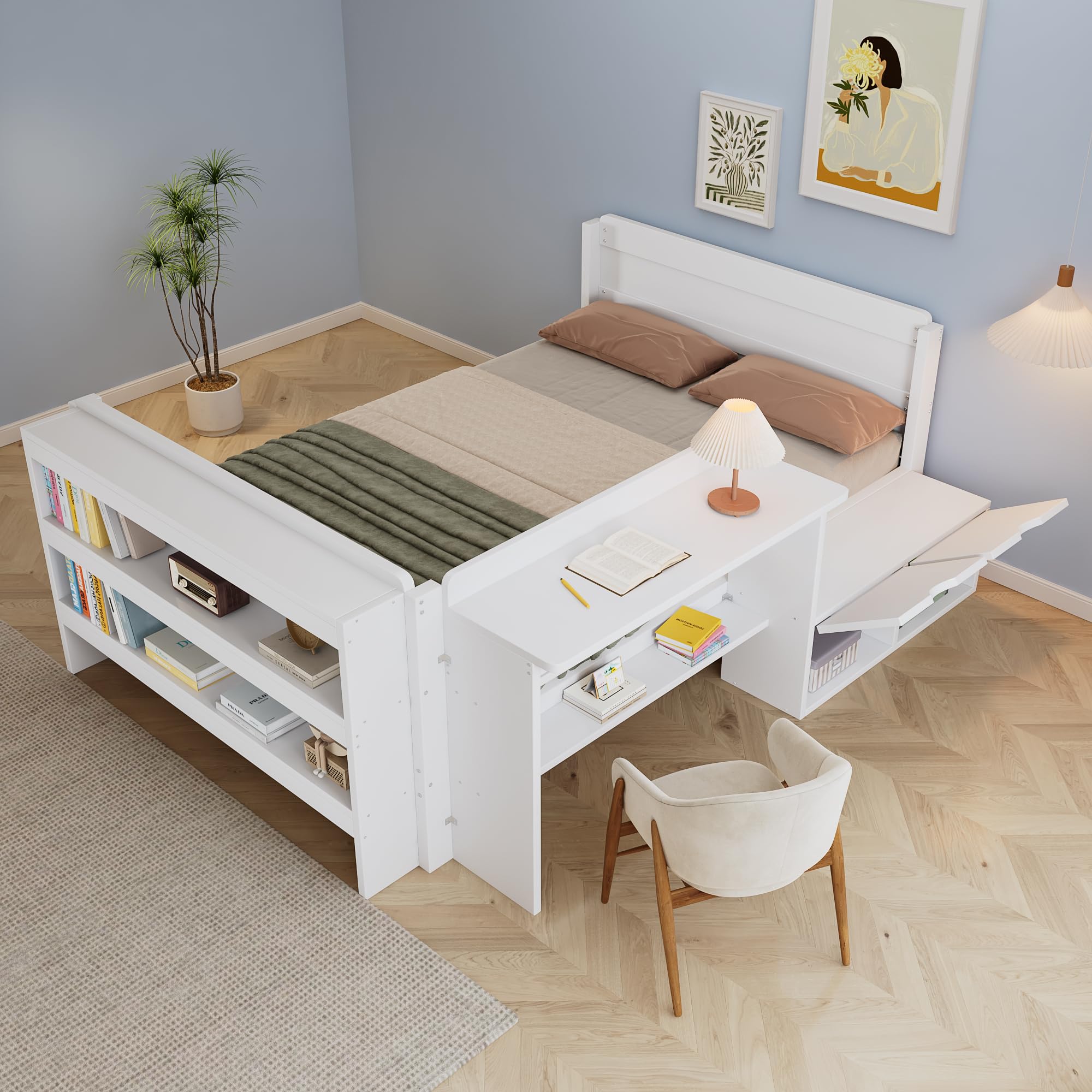 Sommier 120x200 avec Compartiment de Rangement Cadre en Bois avec Rangement Intégré Structure en Bois avec Bureau Intégré avec Coffre pour Chambre d Invités Blanc