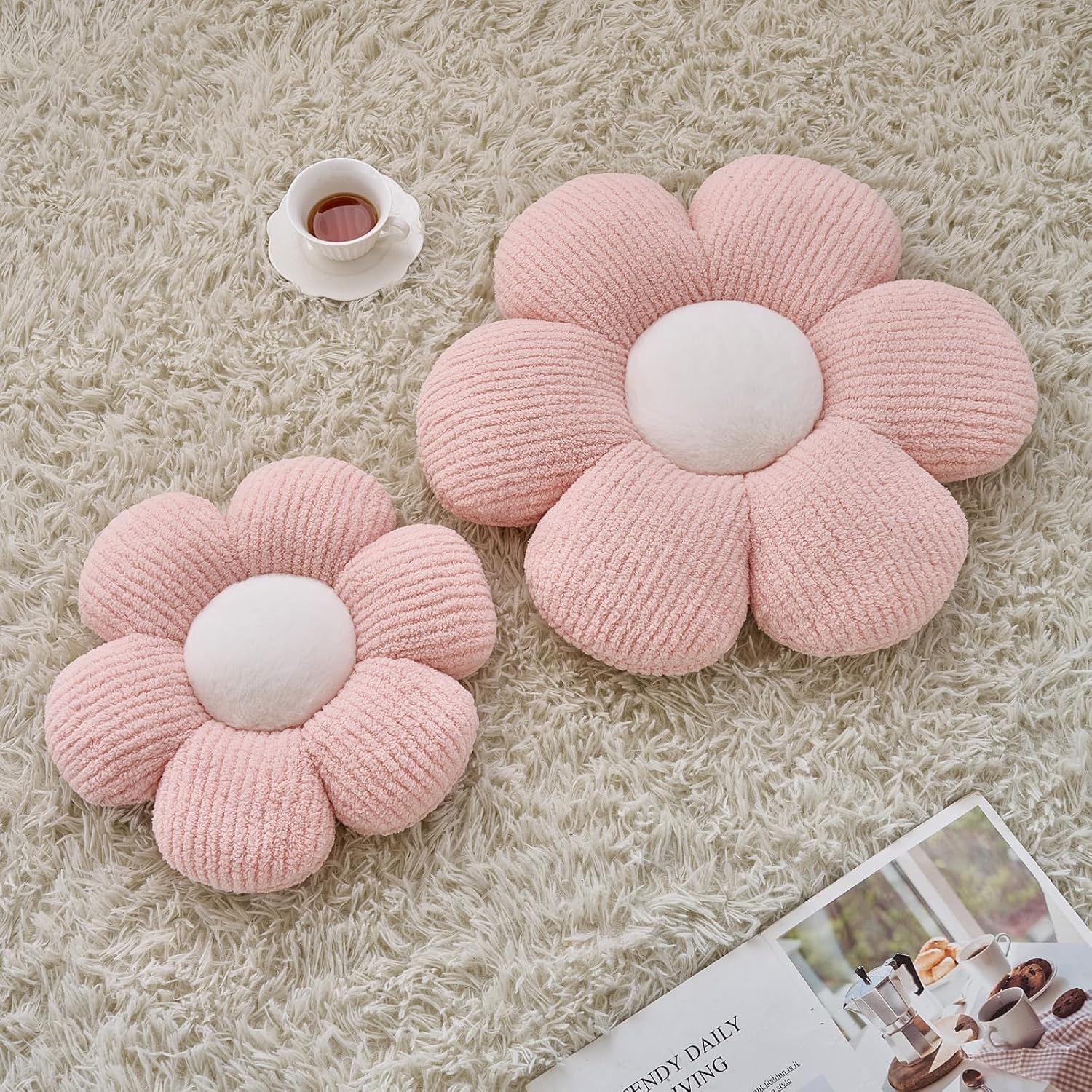 Flower Pillow, Decorative Throw Pillow for Bed Couch, Flower Shaped Pillow Home Decor Daisy Pillows (Pink, 14.9 Inches)