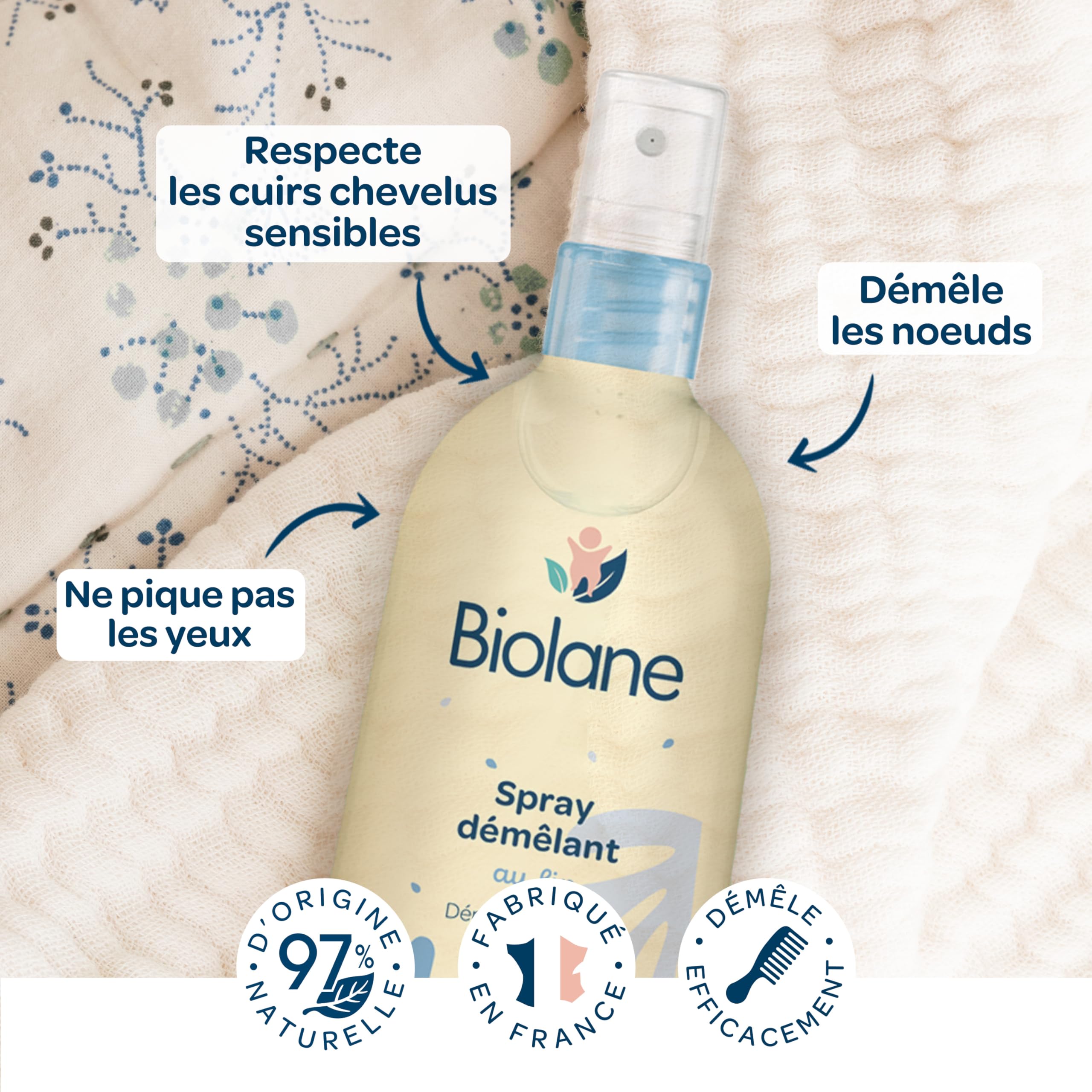 BIOLANE - Spray Démêlant Bébé – Démêle efficacement - Facilite le coiffage - Sans Rincage – Lin Français – 98% d'origine naturelle – 200ml