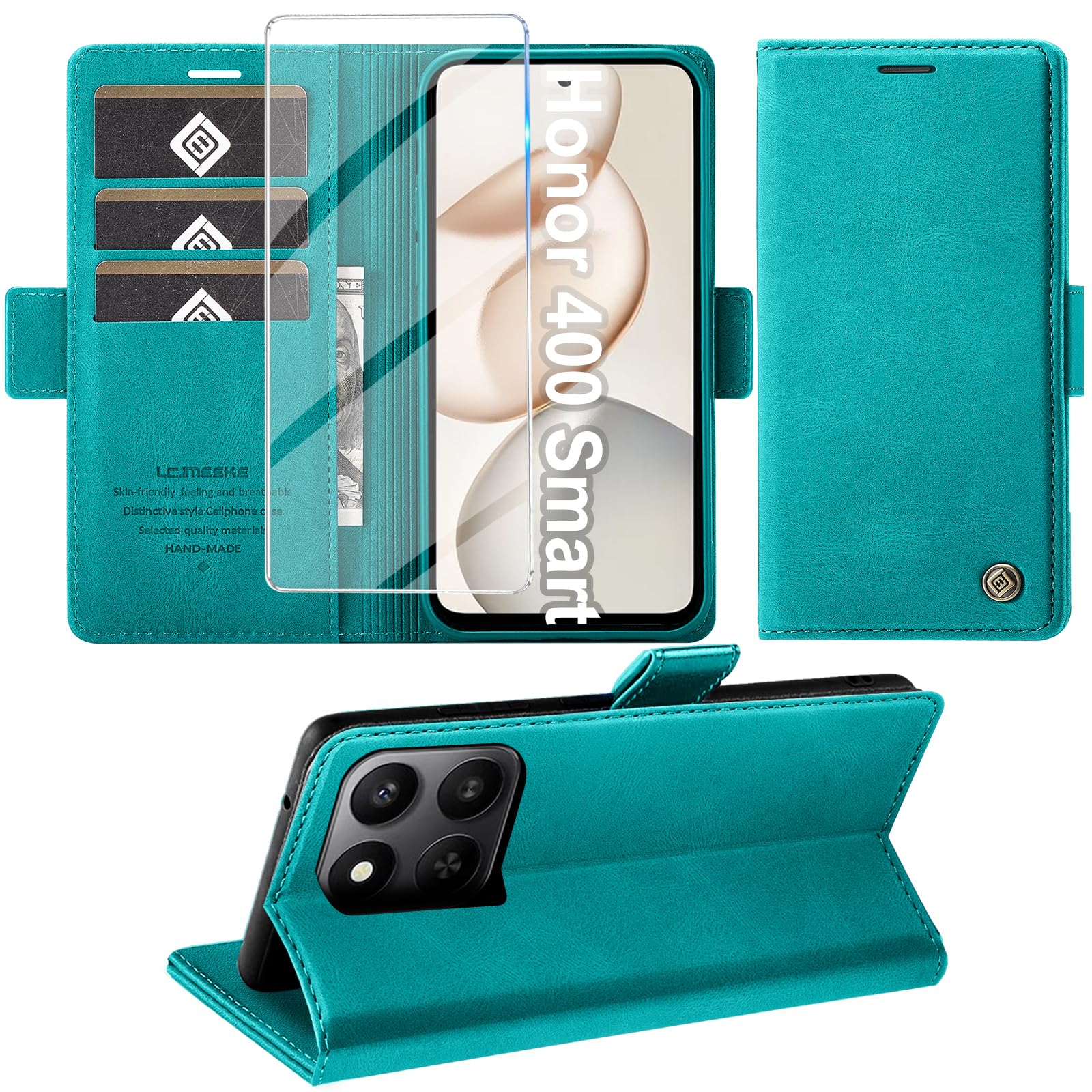 Giyer Cover per Honor 400 Smart Custodia con Vetro Temperato, Premium Pelle PU Portafoglio Slot per Scheda RFID Antifurto Funzione Supporto Flip Case, Antiurto per Honor 400 Smart 5G Cover (Ciano)