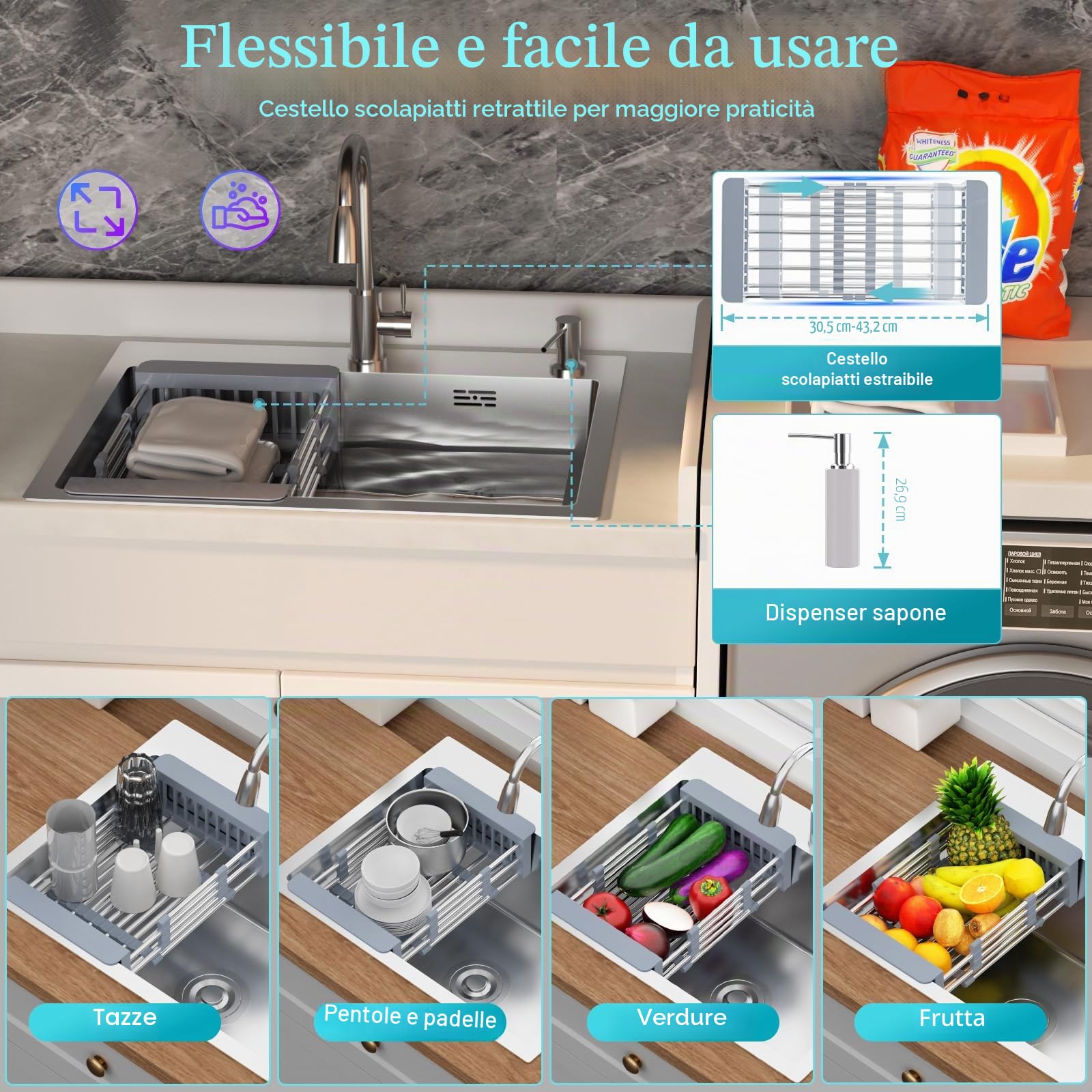 Lavello Cucina in Acciaio Inox 55x43cm, Lavandino da Incasso e Sottotop con Cestello Filtro, Sicrone e Kit Drenaggio Completo
