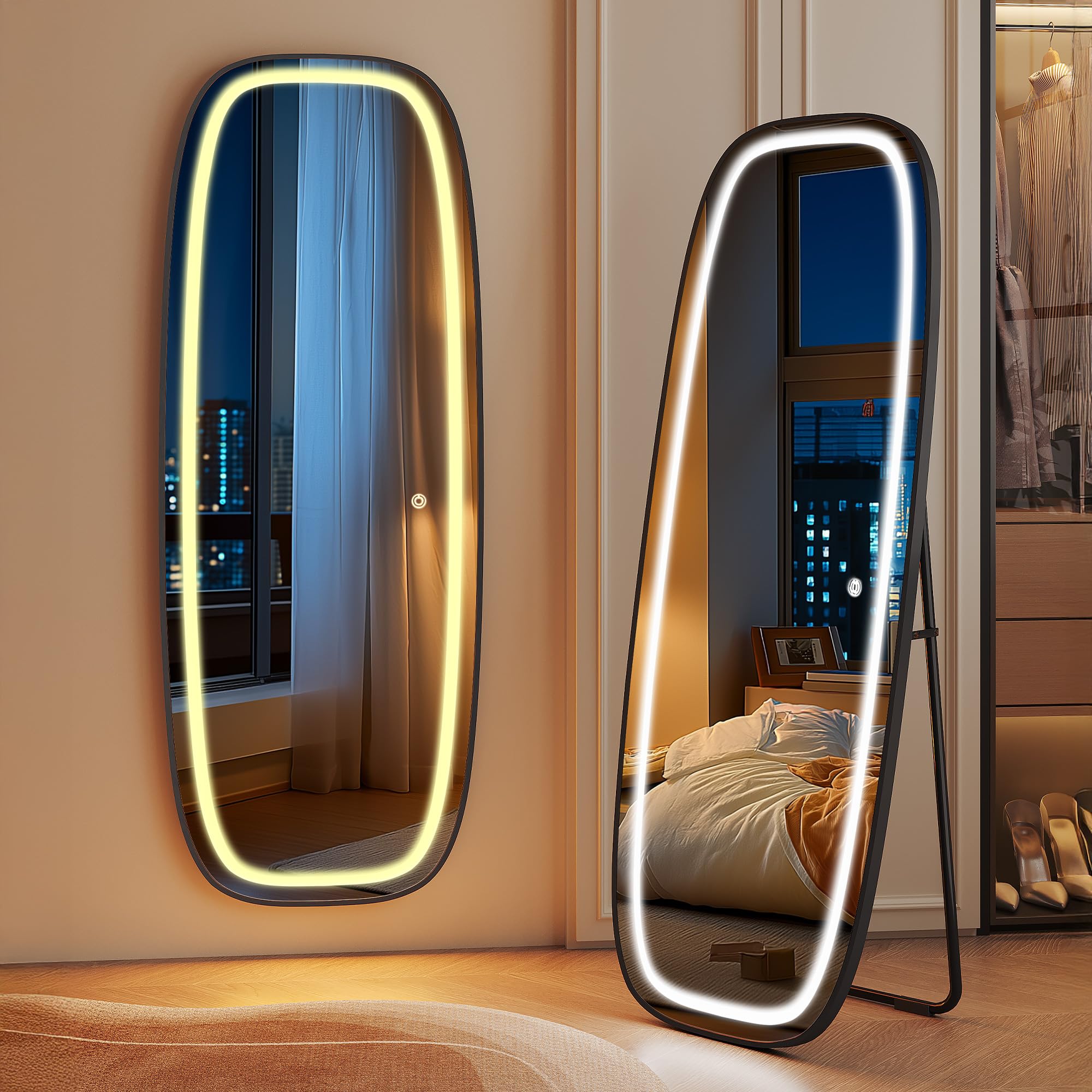 Hzuaneri Specchio da terra con luci, LED Specchio da Parete Lungo, 160 x 50 cm, Specchio Curvo da Terra con supporto, 3 colori di illuminazione, Adatto per Camera da Letto, Soggiorno, Nero DM41801B