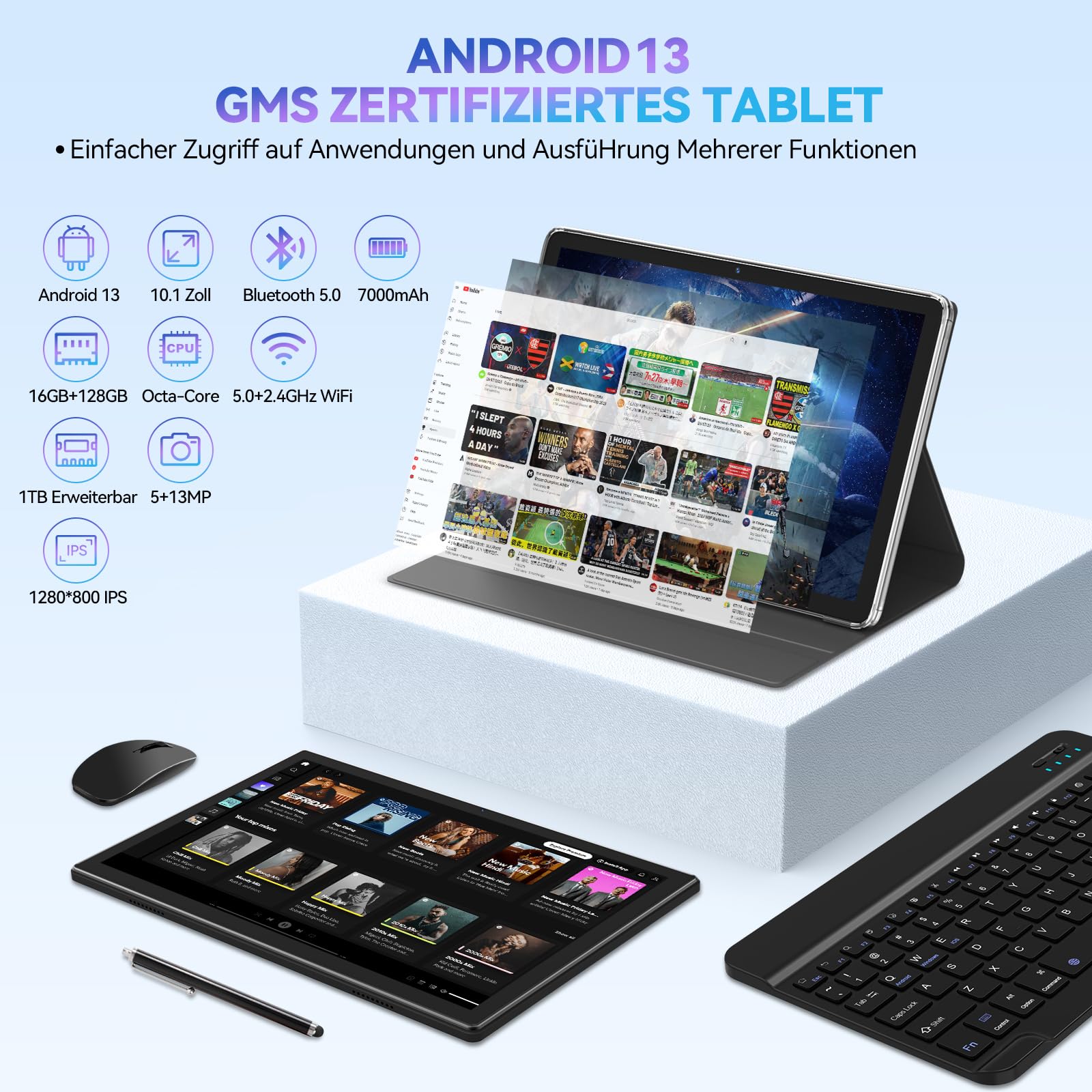 ANTEMPER Tablet 10 Zoll mit Tastatur und Stift | 16GB RAM+128GB ROM (1TB TF) 2025 Neueste Android 13 Tablet PC | MTK Octa-Core 2.0GHz | 5G WiFi | 13MP | 7000mAh Akku | GMS Zertifiziert, Schwarz