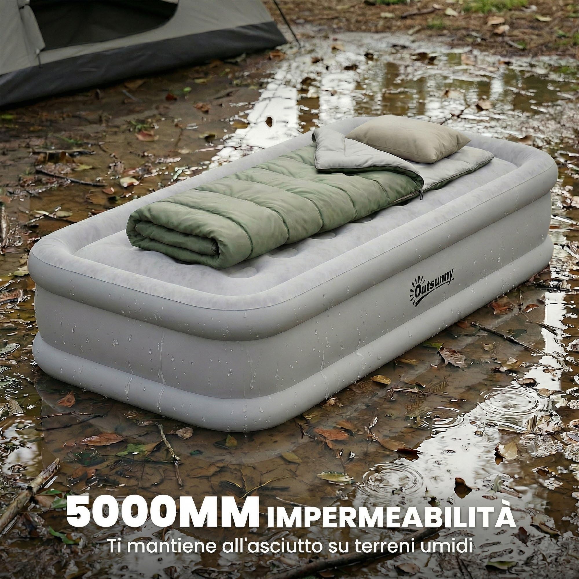 Outsunny Materassino Autogonfiante Singolo, Materassino da Campeggio, Superficie Floccata, Impermeabile, con Pompa di Gonfiaggio e Borsa di Trasporto, 190x97x39 cm, Grigio