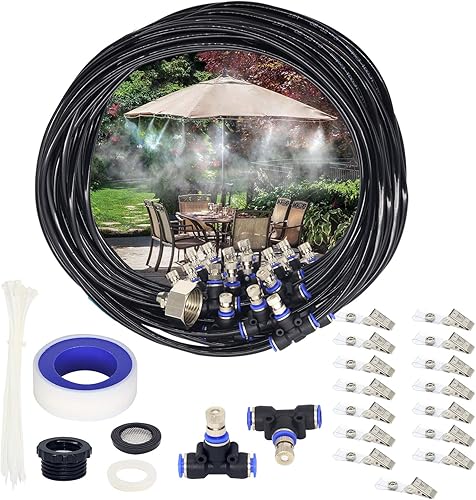 Miniatura 8 de YuYo Sistema de nebulización, rociadores para patio exterior, línea de nebulización de 59 pies + 19 boquillas de niebla de latón + adaptador de
