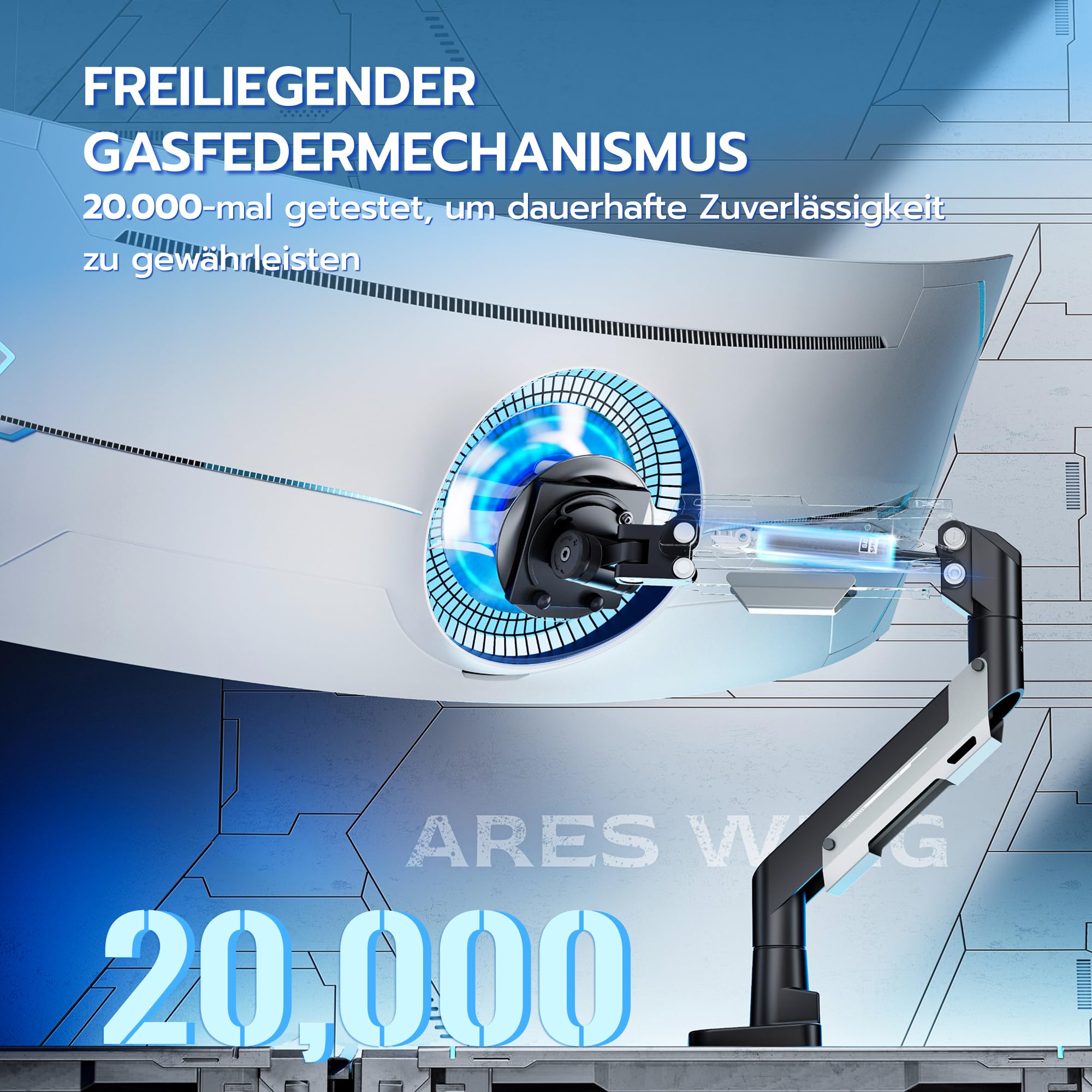 ARES WING Monitor Halterung für 24-57" Bildsch, Schwarz | Monitor Arm mit Gasfeder, Monitor tischhalterung bis 30 kg, VESA Max bis 200x200