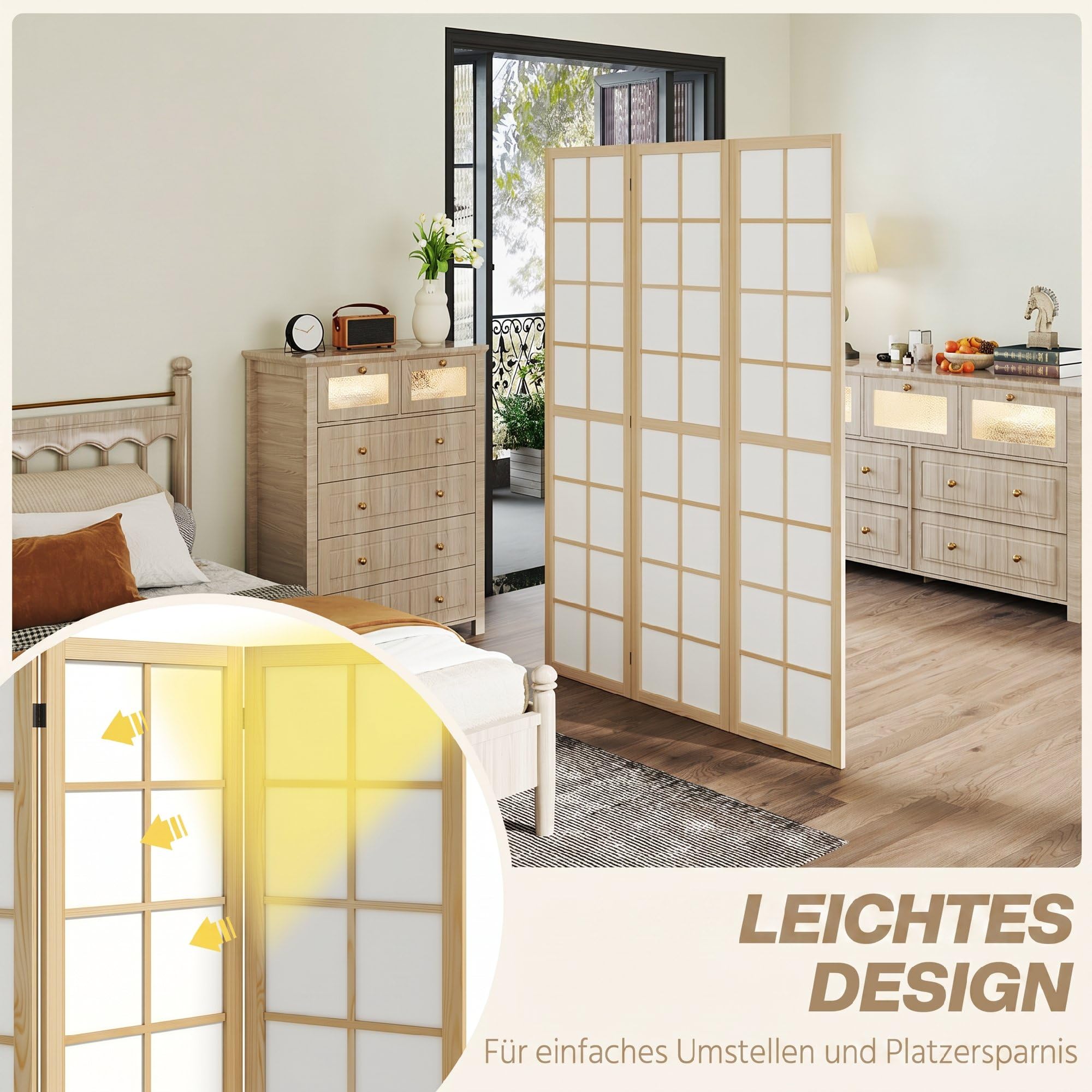 HOMCOM Paravent Raumteiler für Wohnzimmer 3-teilig 120 x 170 cm Natur | Trennwand, Faltbar Raumtrenner, Sichtschutz Stellwand