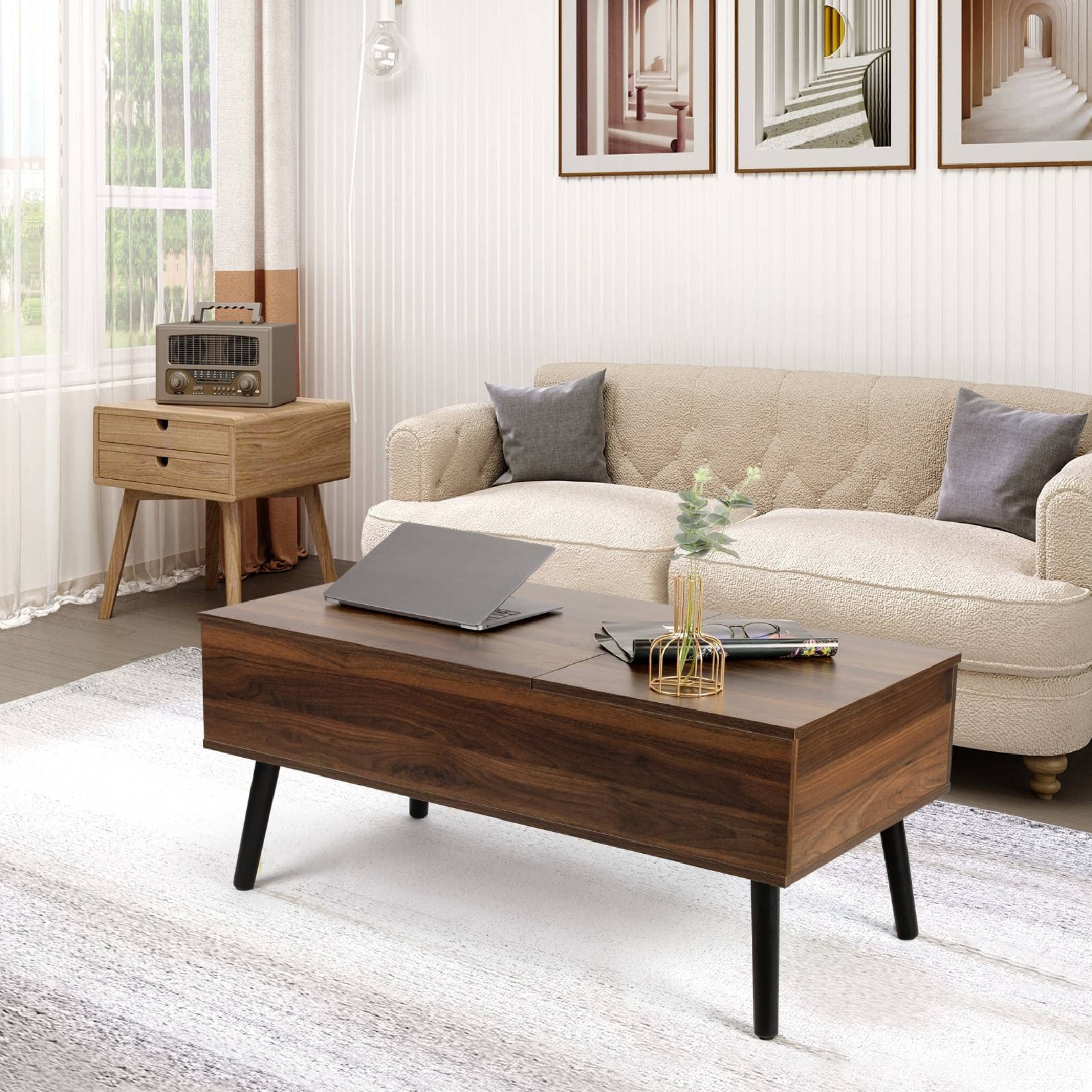 VOWNER Table Basse Relevable Extensible Noix | Double Plateau Réglable en Hauteur avec Compartiment de Rangement Caché