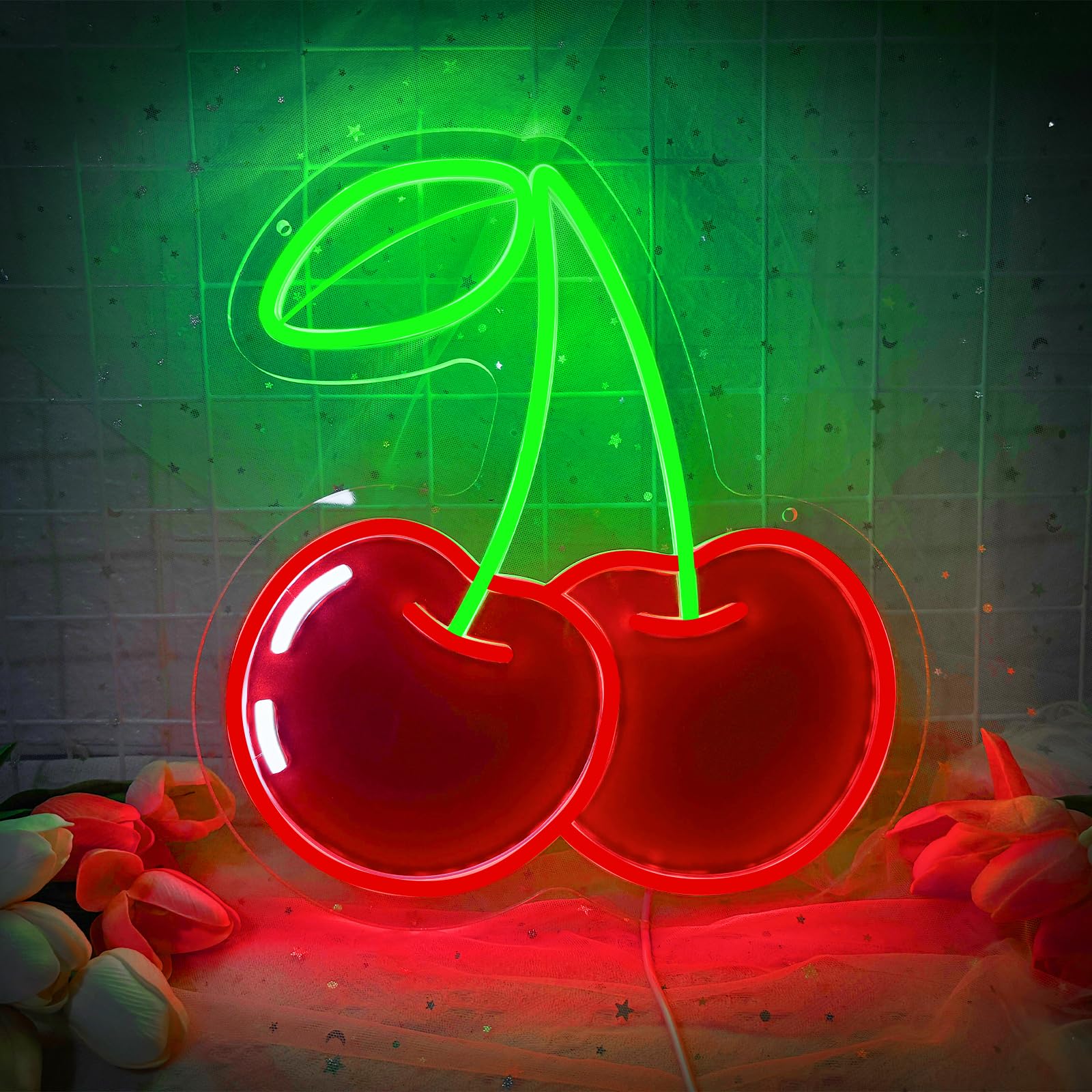 Insegna al neon a forma di ciliegia, decorazione da parete, dimmerabile, con stampa di frutta, luci al neon al neon a tema frutta vibrante per camera dei bambini, camera da letto, ristorante, bar