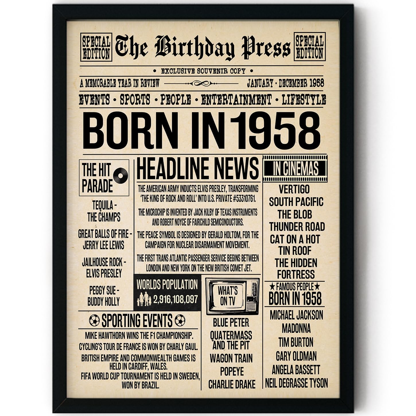 Stuff4 Men's 1958 68Th Birthday Poster Framed - Born In Newspaper - Happy 68Th Birthday Gifts For Wo Vintage Retro Back In 8X10 Inch Bday Party Decor Decoration
