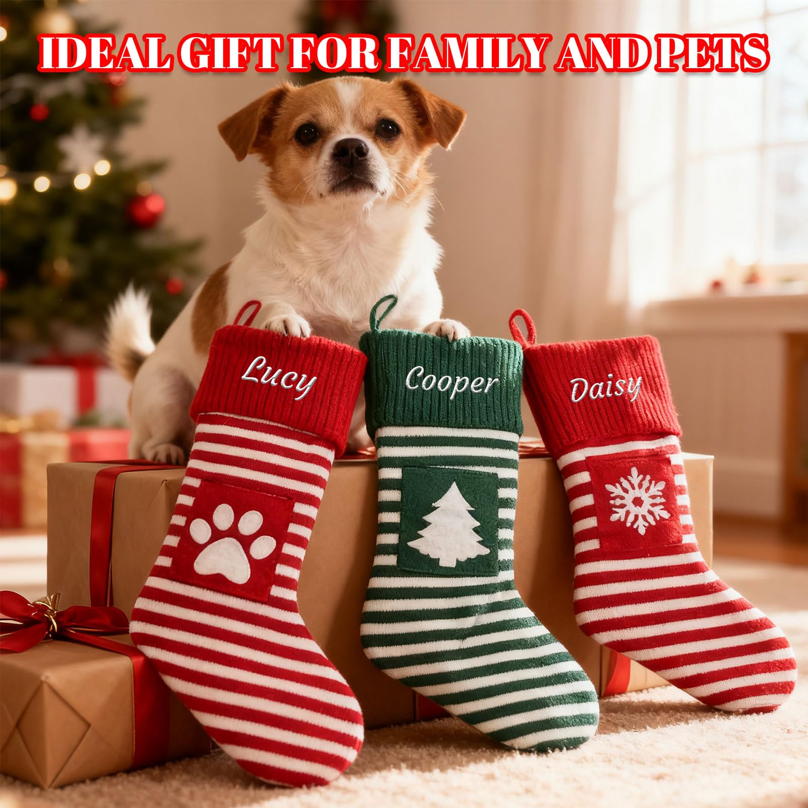 Generisch 6 PCS Personalisiert Weihnachtsstrumpf, Namensstickerei, 35 cm | Rot-Grün Gestreifter Strickstrumpf, 13.8zoll, Weihnachtsdeko für Familie & Haustiere