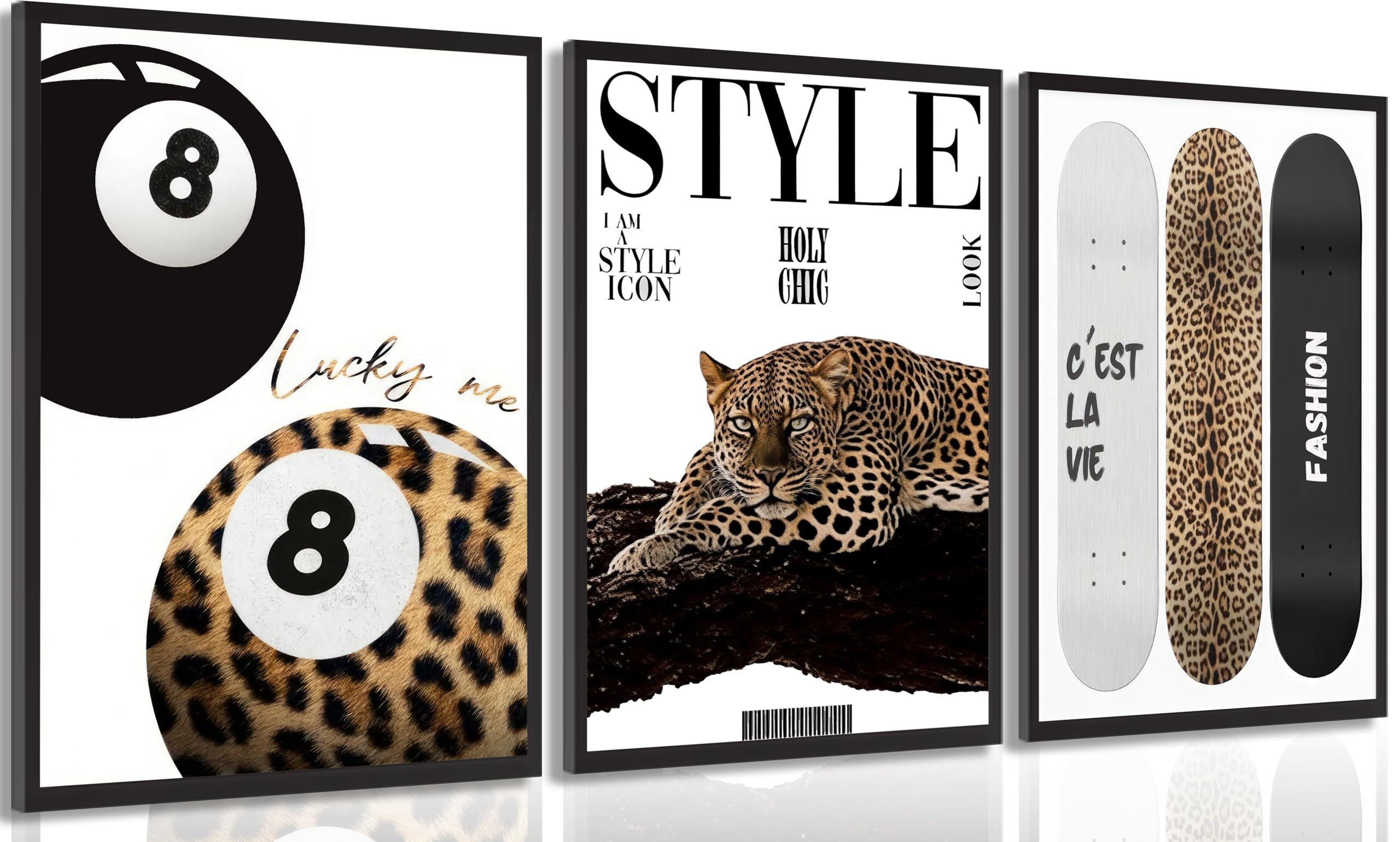 LMYSXAOZ 3Pcs Trendy Leopard Canvas Wall Art Preppy Aesthetic Stylish Painting Picture Decor Funky Lucky 8 Ball Cheetah Print Artwork for Bedroom Living Room Decoration Unframed 12x16inch