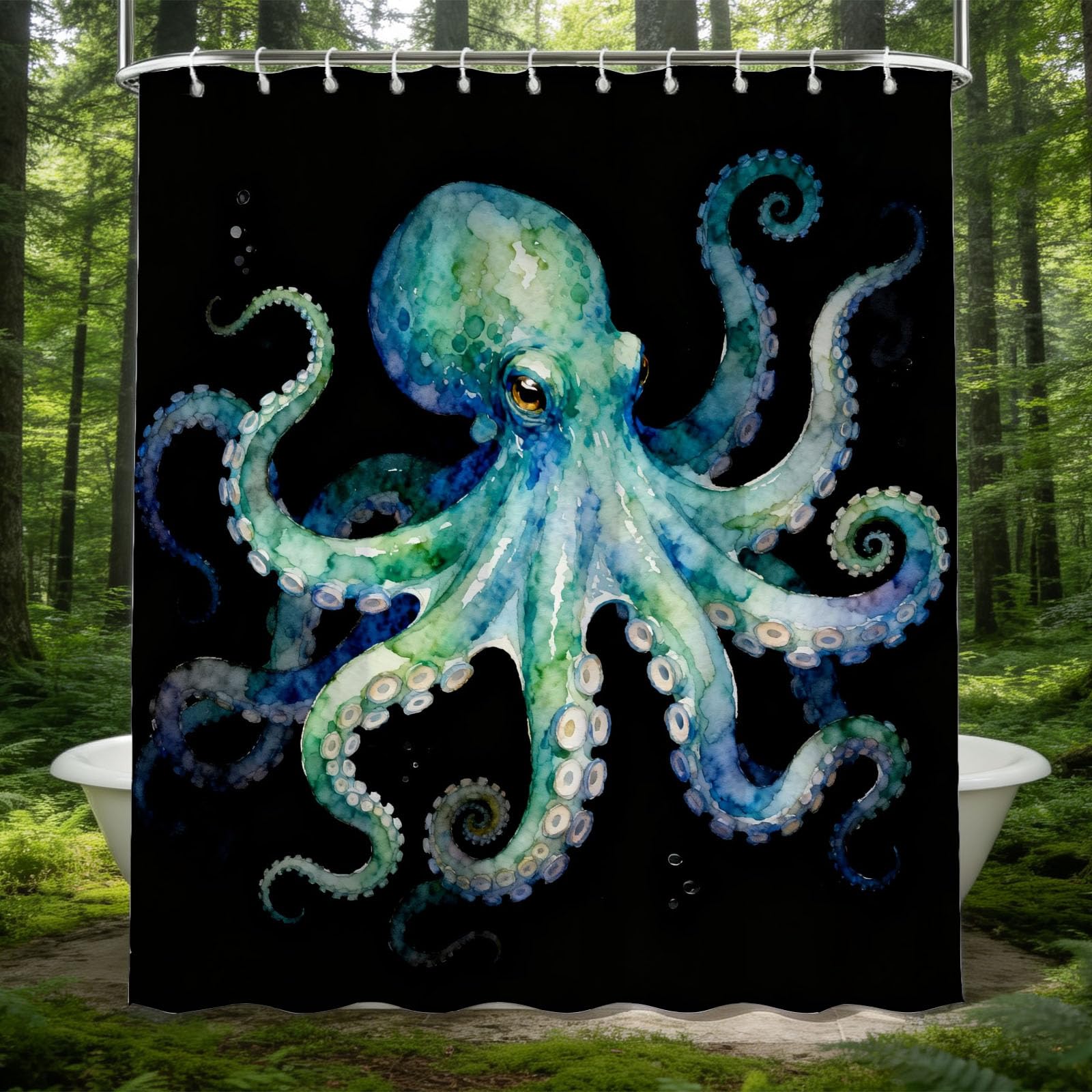Hongduo 3D Octopus Ocean Shower Curtain for Stalls Bathtubs Watercolor Style Bathroom Decor Shower Curtain Set Polyester Fabric Waterproof 120x180cm/48X71 Inch with Hooks