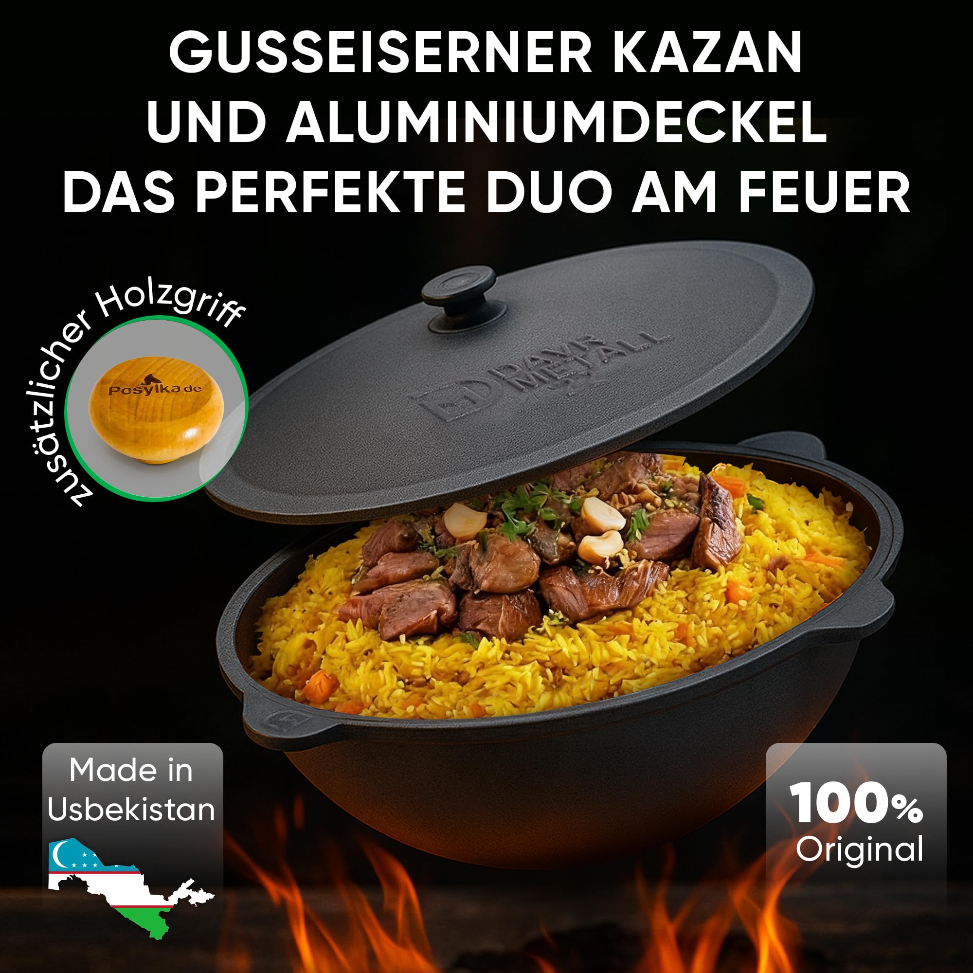 Utschak Feuerofen Ø 49 cm & Gusseisen-Kasan 22 L | Kazan-Set mit Deckel | Usbekischer Kochtopf für Grill & Plov | Flacher oder Runder Boden Wählbar