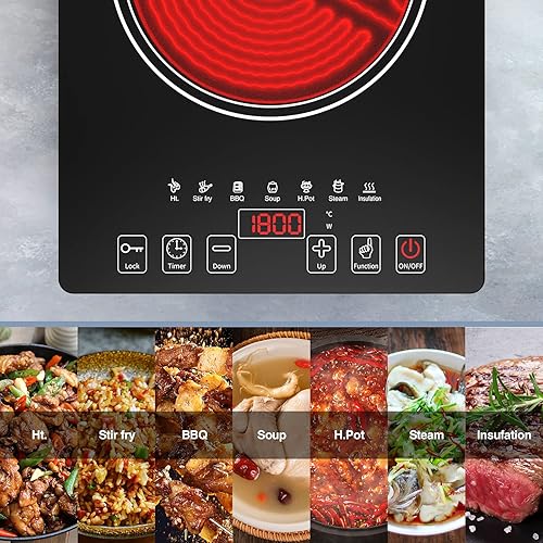 Miniatura 3 de Placa de cocina eléctrica, QTYANCY - Placa de cocina portátil de cerámica, 120 V, 8 niveles de temperatura, temporizador y bloqueo para niños, placa