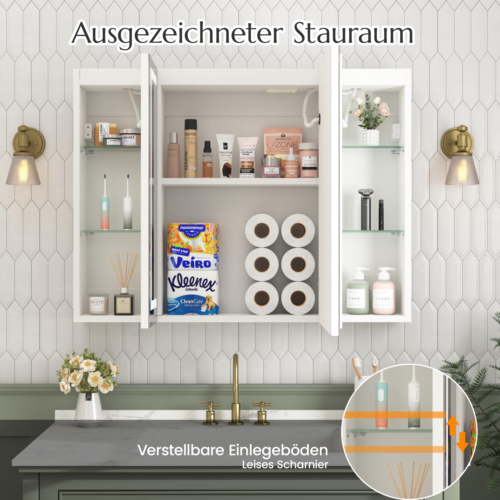 AVAWING Spiegelschrank 60x80cm Anti-Beschlag LED Drittetür