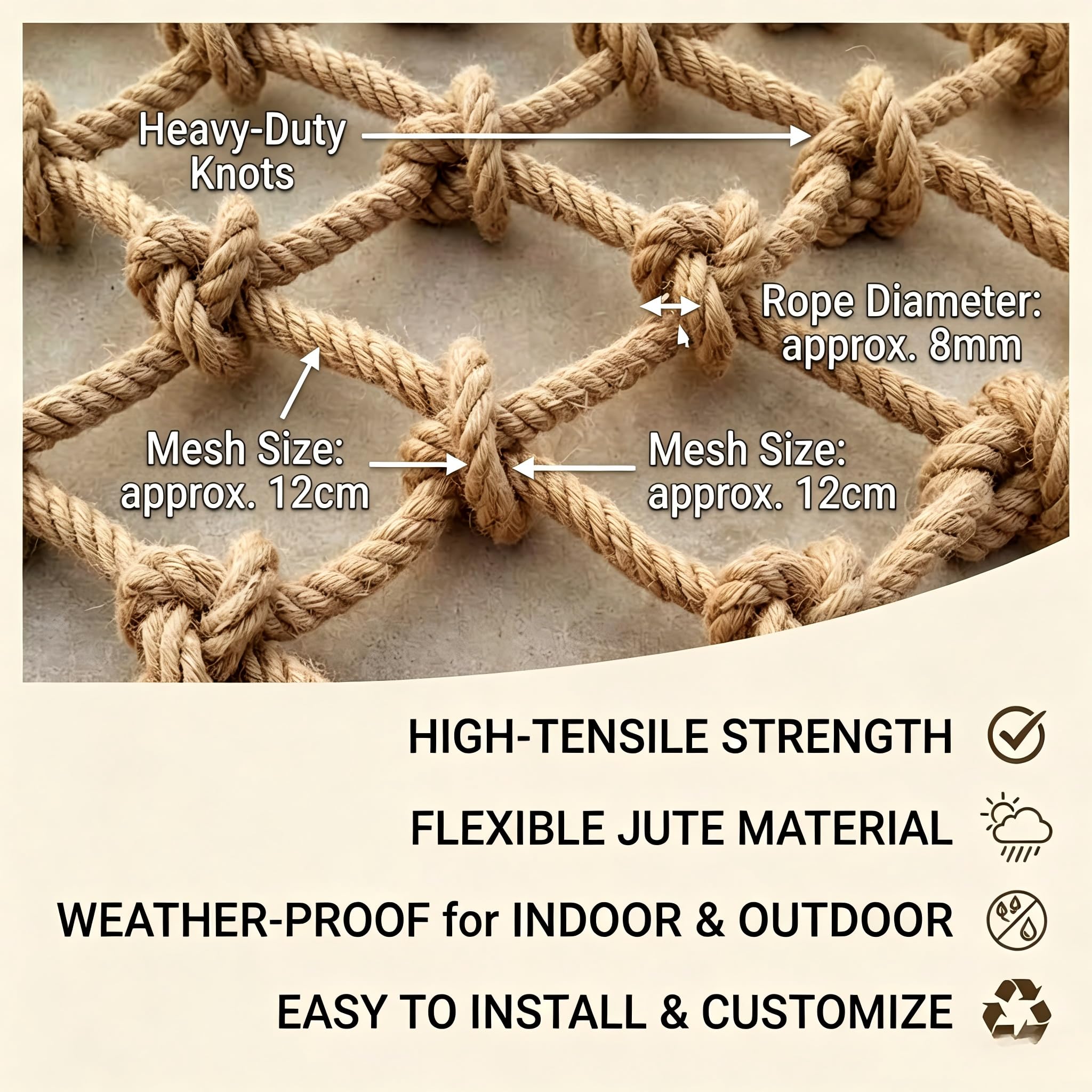 Passend für Hanfseil Kletternetz Kinder Balkonschutz Treppennetz Schutznetz 2x3m | Robustes Jutenetz für Hochbett & Garten. Dekonetz, Balkonnetz & Absturzsicherung für Katzen, Hunde & Spielplatz.