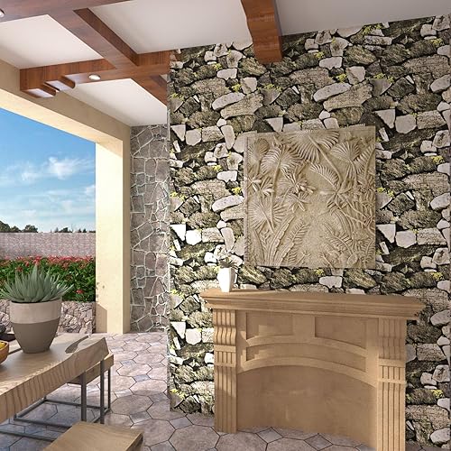 Miniatura 5 de VIOPVERY Papel de contacto de 17.5 x 197 pulgadas, papel tapiz de piedra marrón oscuro, papel de pared de grano de madera, impermeable, fácil de