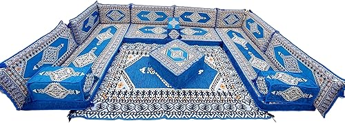 Miniatura 10 de arabicsofa Juego de sofá árabe en forma de U – Asientos modulares de piso azul real para habitación de invitados