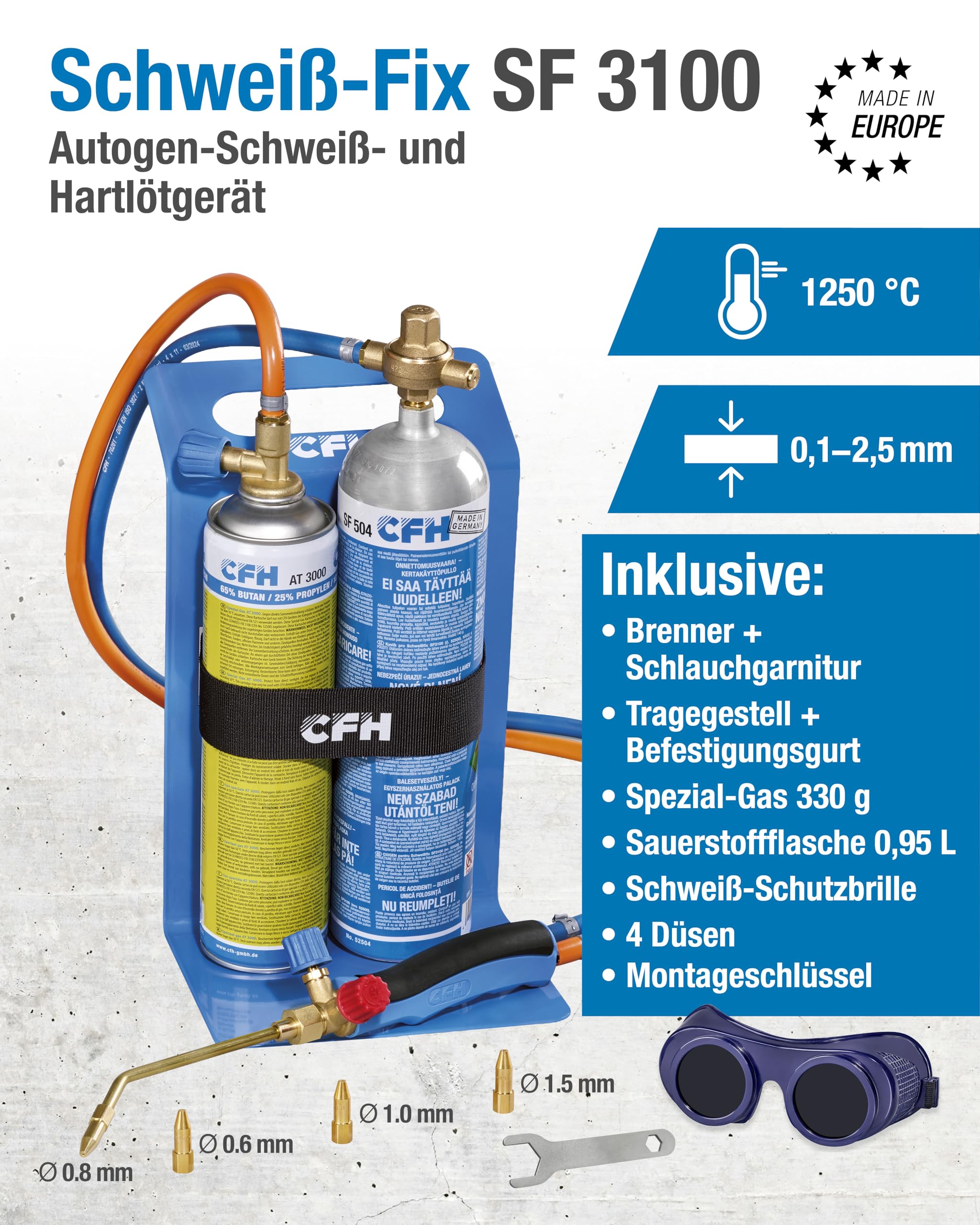 CFH Schweiß-Fix SF 3100 - Tragbares Autogen-Schweißgerät und Hartlötgerät zum Autogenschweißen und Hartlöten, Komplettset mit Tragegestell, Sauerstoff, Spezial-Gas, Schweißschutzbrille und vier Düsen