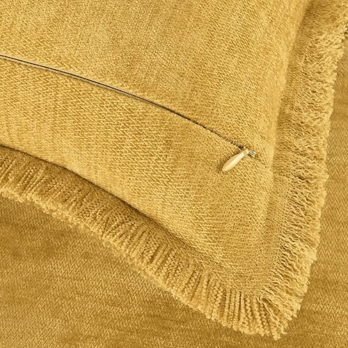 Miniatura 7 de Juego de 2 fundas de almohada amarillas cuadradas de 16 x 16 pulgadas, fundas de almohada rústicas suaves y rústicas de teñido sólido con borlas,