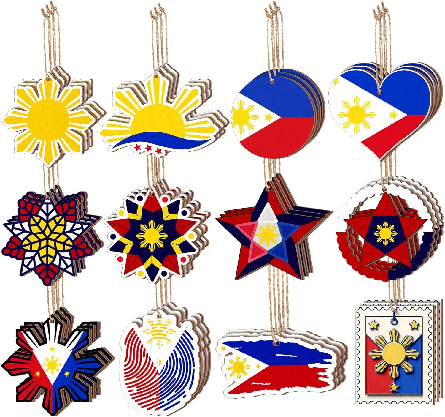 Leinuosen 36 Pack Philippine Christmas Tree Ornaments Decorations Bulk Philippine Parol Filipino Flag Ornaments Wooden Traditional Capiz Star Decoration for Xmas Tree Home Window Philippine Parol Ornament