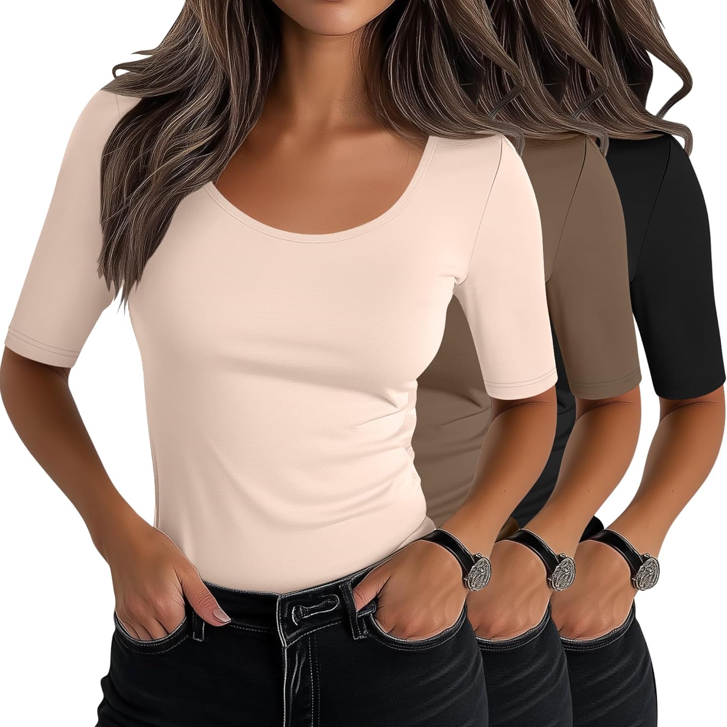 Neer 3 Pack Women's Scoop Neck Tops Half Sleeve Slim Fitted Cotton Blend Stretchy T-Shirts Tight Casual Basic Tees