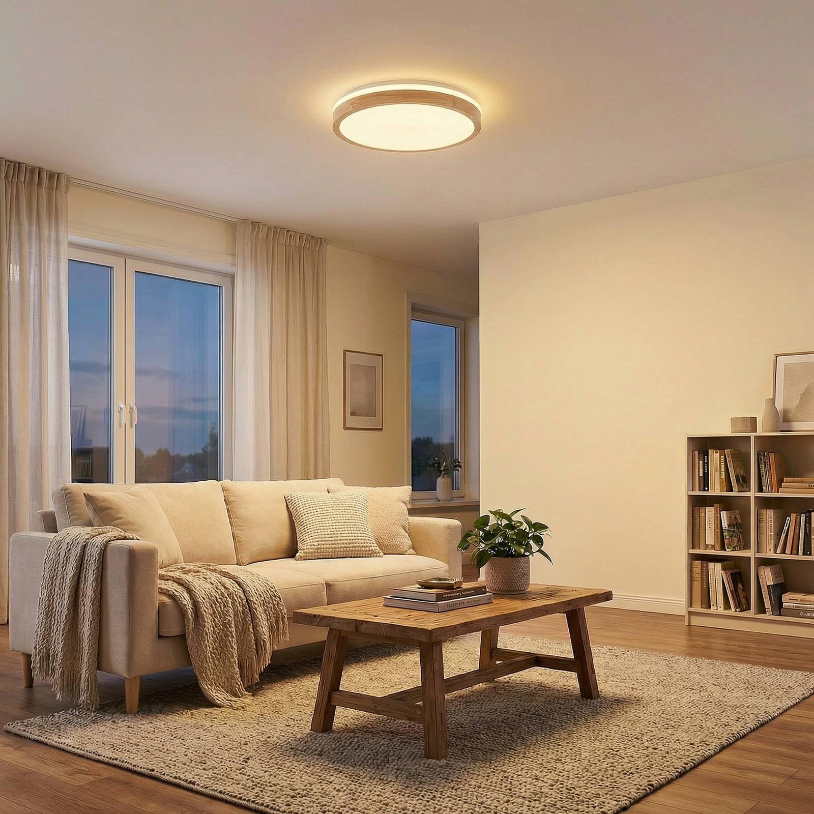 Lindby Bombillas LED lámpara de techo en madera, blanco, regulable plafón | lámpara de salón, moderno, cct, 3000 k blanco cálido - 6500 k luz, de madera, con mando a distancia para sala de estar,