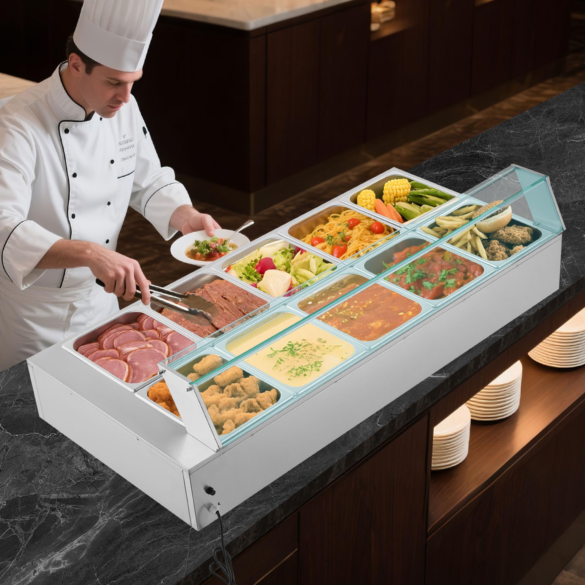 VEVOR Scaldavivande Commerciale, Scaldavivande Elettrico in Acciaio Inox da 1700 W con Coperchio in Vetro, Bagnomaria da Banco a 10 Teglie, con Mestoli per Zuppa e Forati, per Ristoranti
