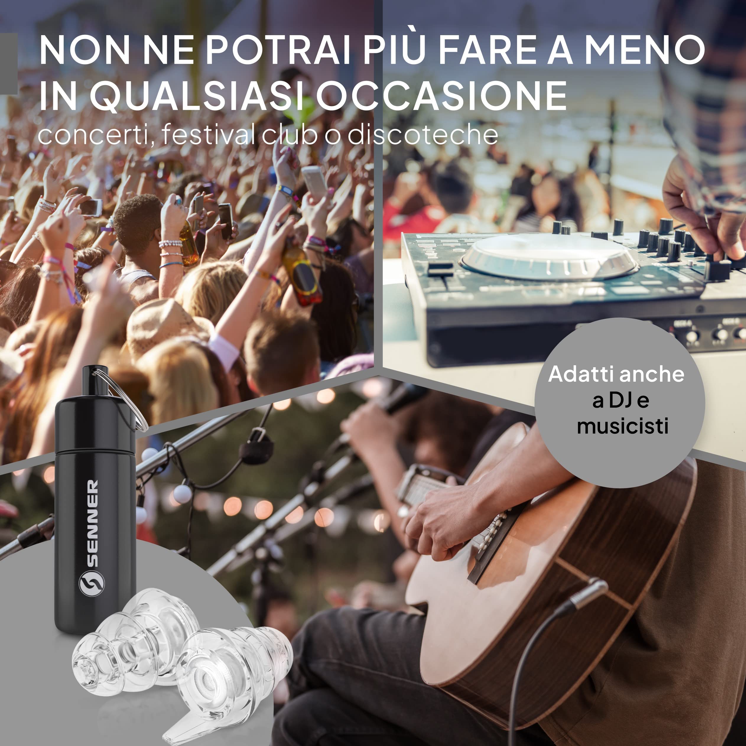 Senner MusicPro tappi per orecchie antirumore a protezione dell’udito con contenitore in alluminio. Ideali per musica, concerti, discoteca e festival, trasparente