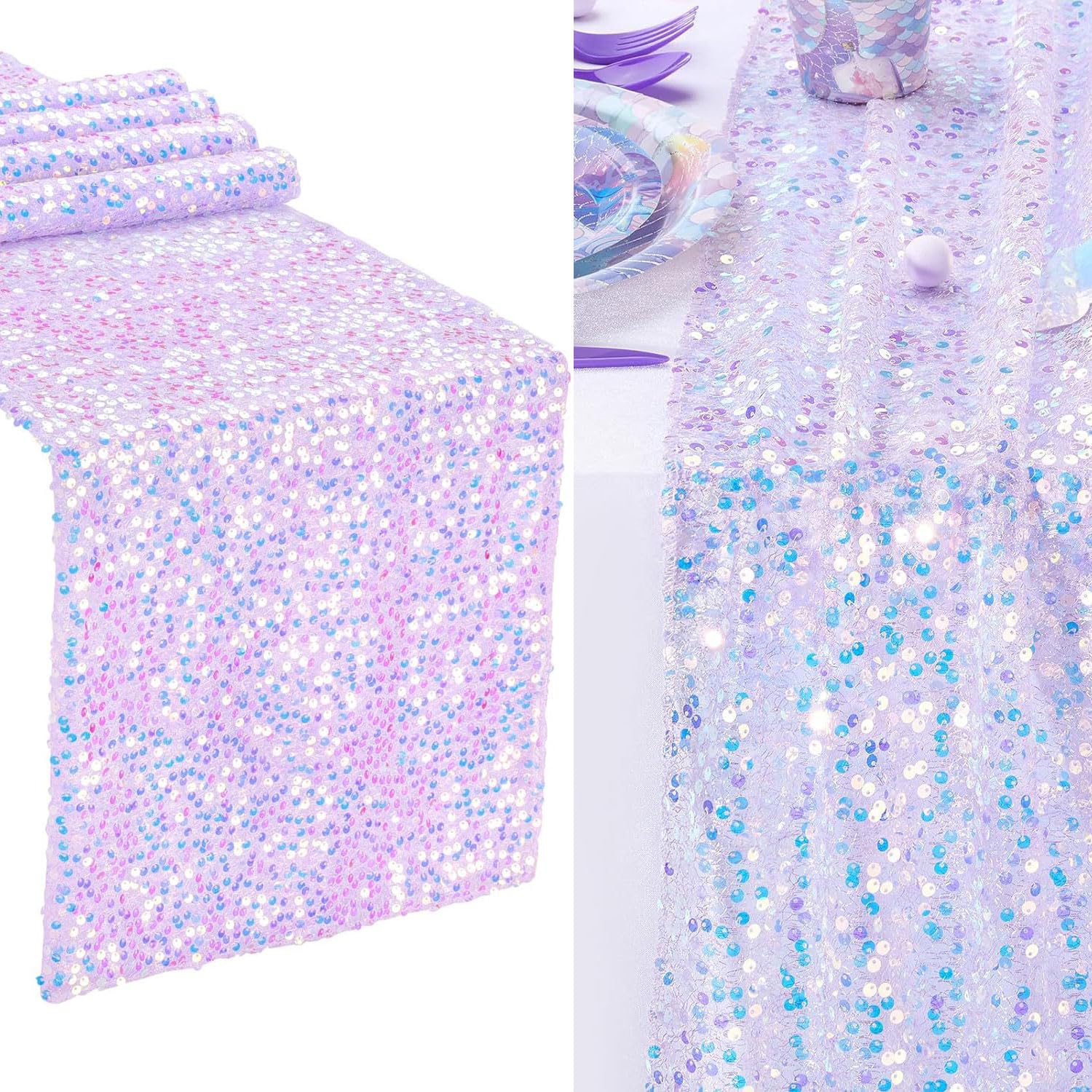 Gansdnek Purple Sequin Table Runner, 30 x 275 cm Table Runner for Mermaid Sequins Glitter Mesh Runner Shimmering Sequin Table Runner Suitable for Party Decorations, Weddings, Birthdays